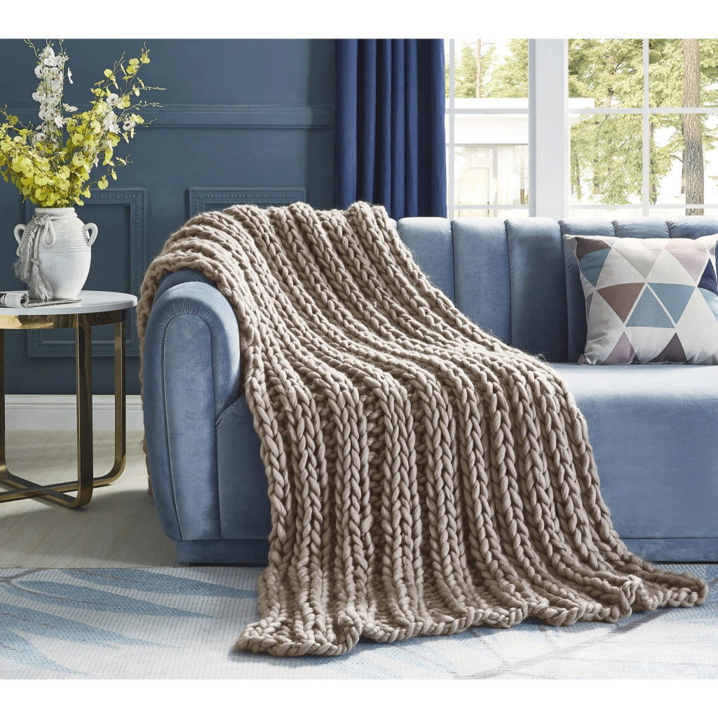 Taupe Knitted Polyester Solid Color Throw Blanket