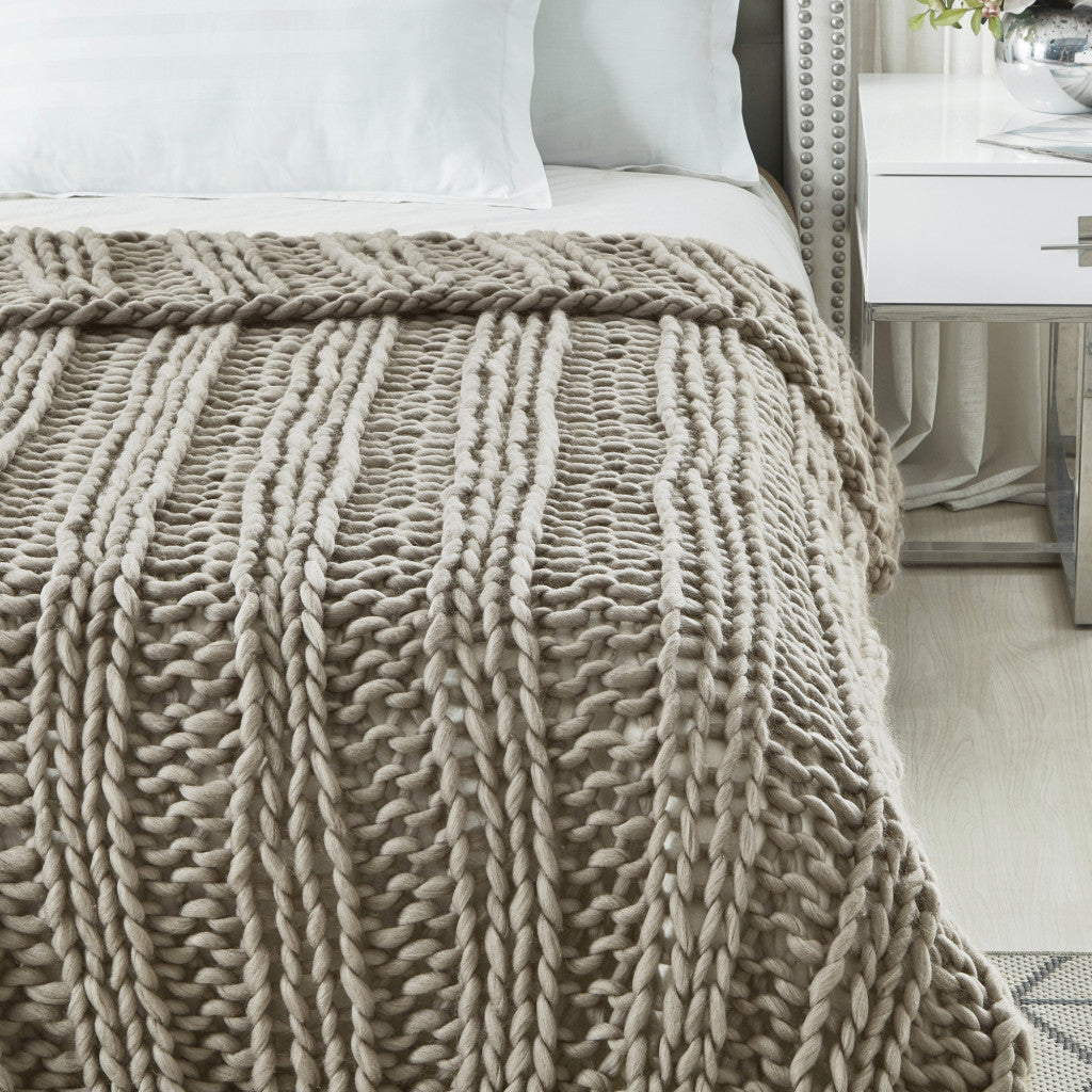 Taupe Knitted Polyester Solid Color Throw Blanket