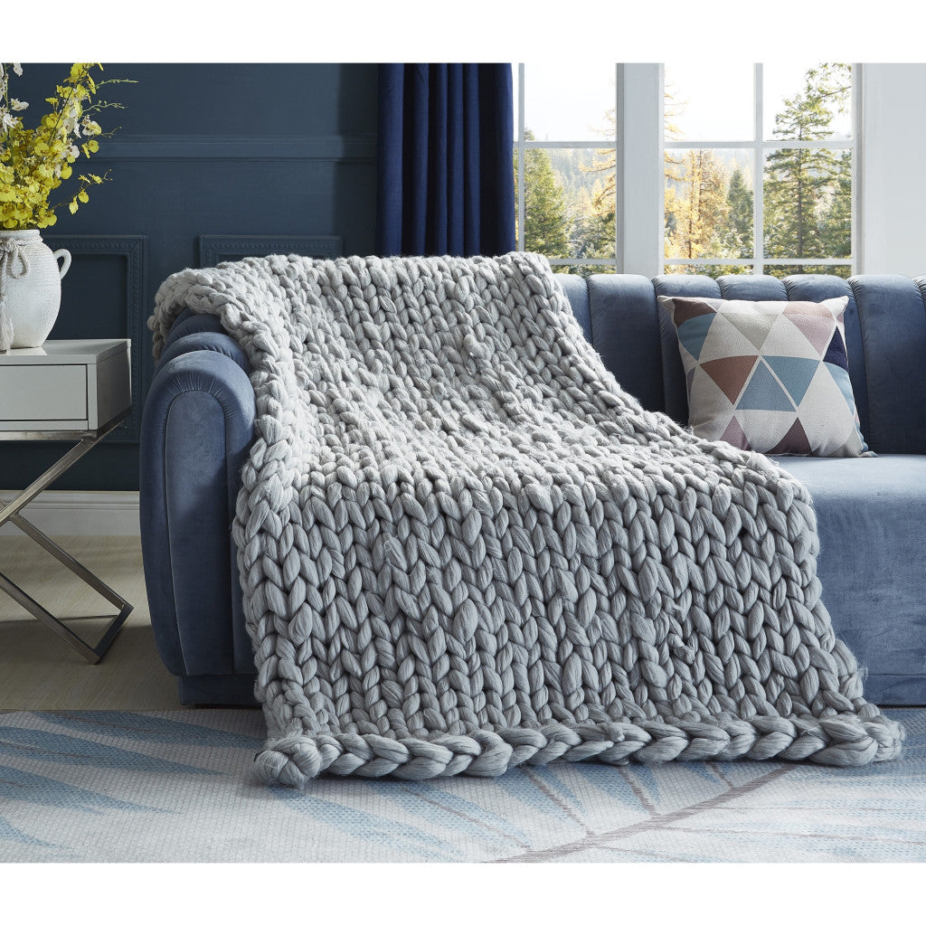 Light Gray Knitted Polyester Solid Color Throw Blanket