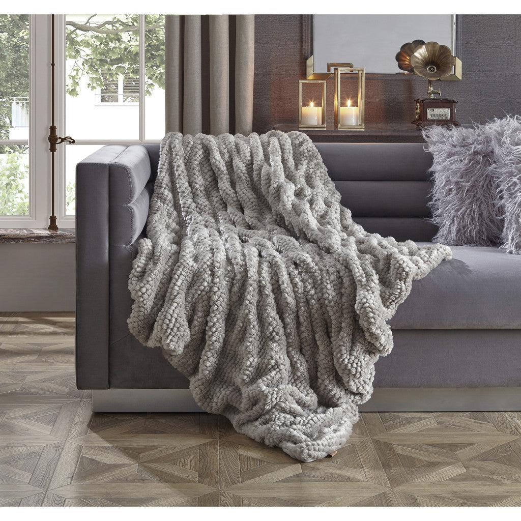 Gray Knitted Acrylic Solid Color Plush Throw Blanket