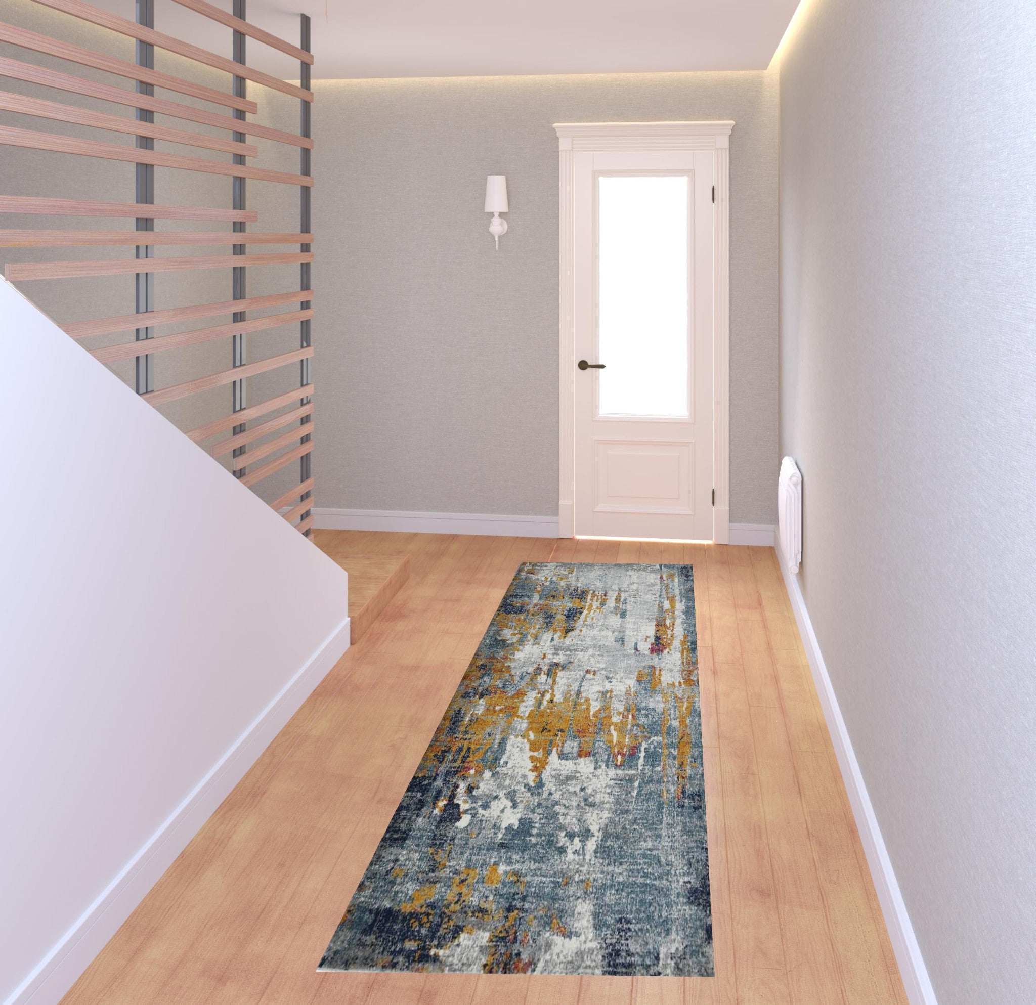 8' Blue and Orange Abstract Power Loom Runner Rug