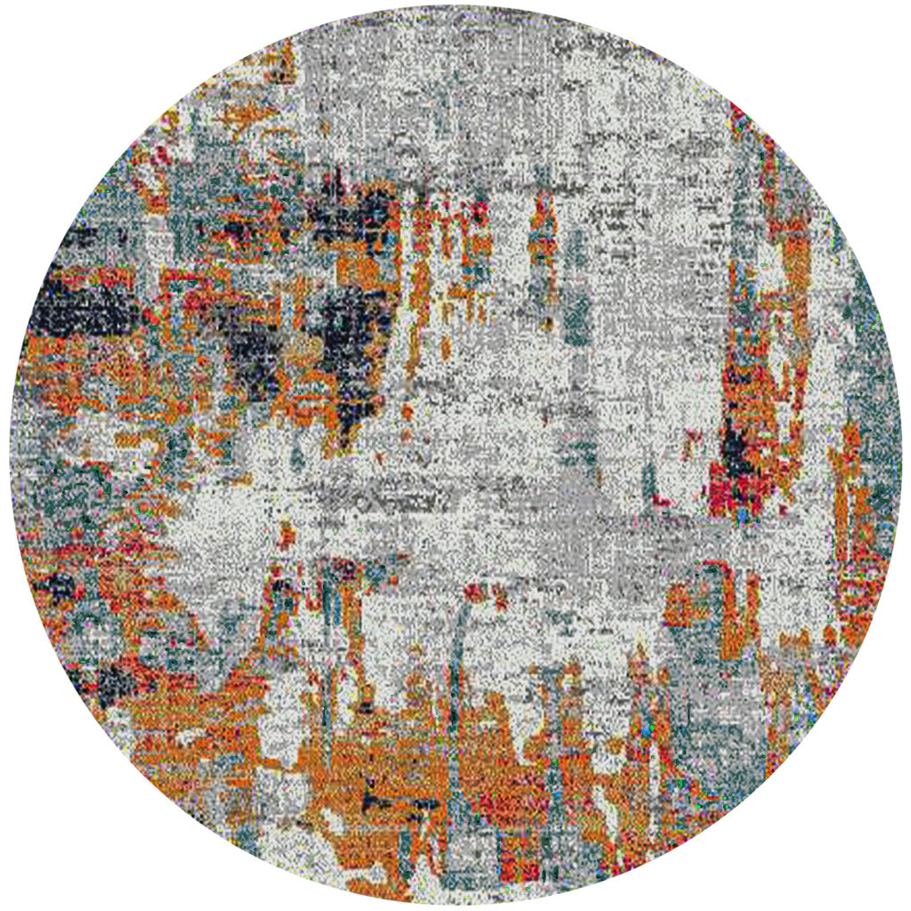 7' Blue and Orange Round Abstract Power Loom Area Rug