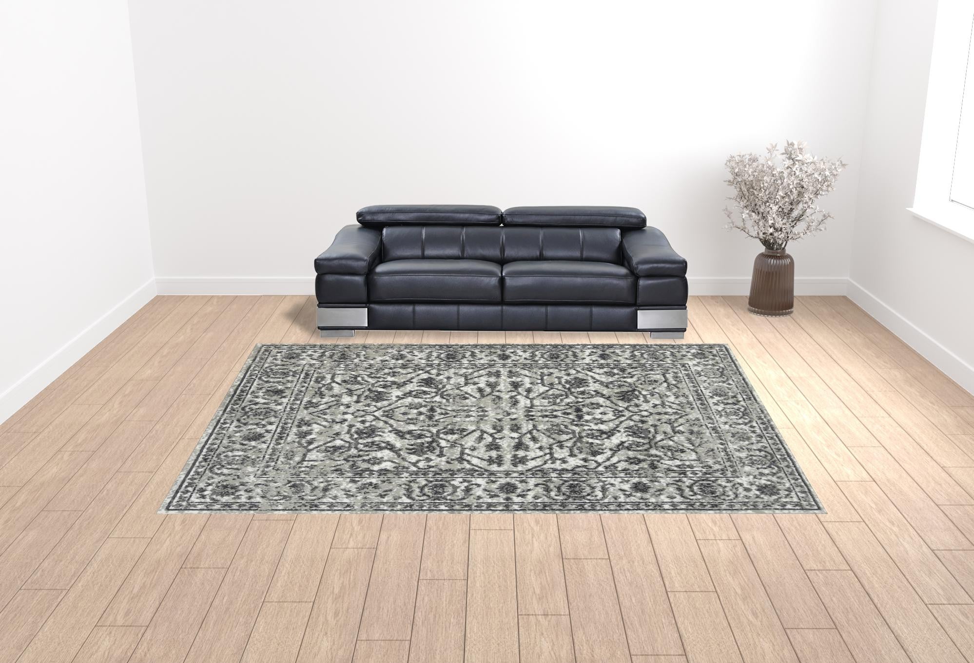 10' x 14' Gray Floral Power Loom Area Rug