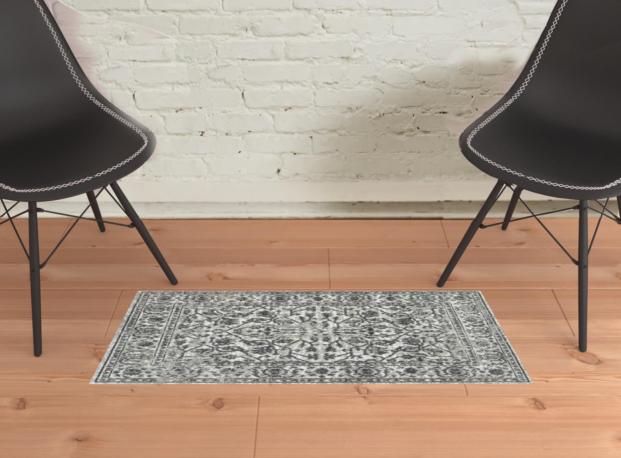 2' x 3' Gray Floral Power Loom Area Rug