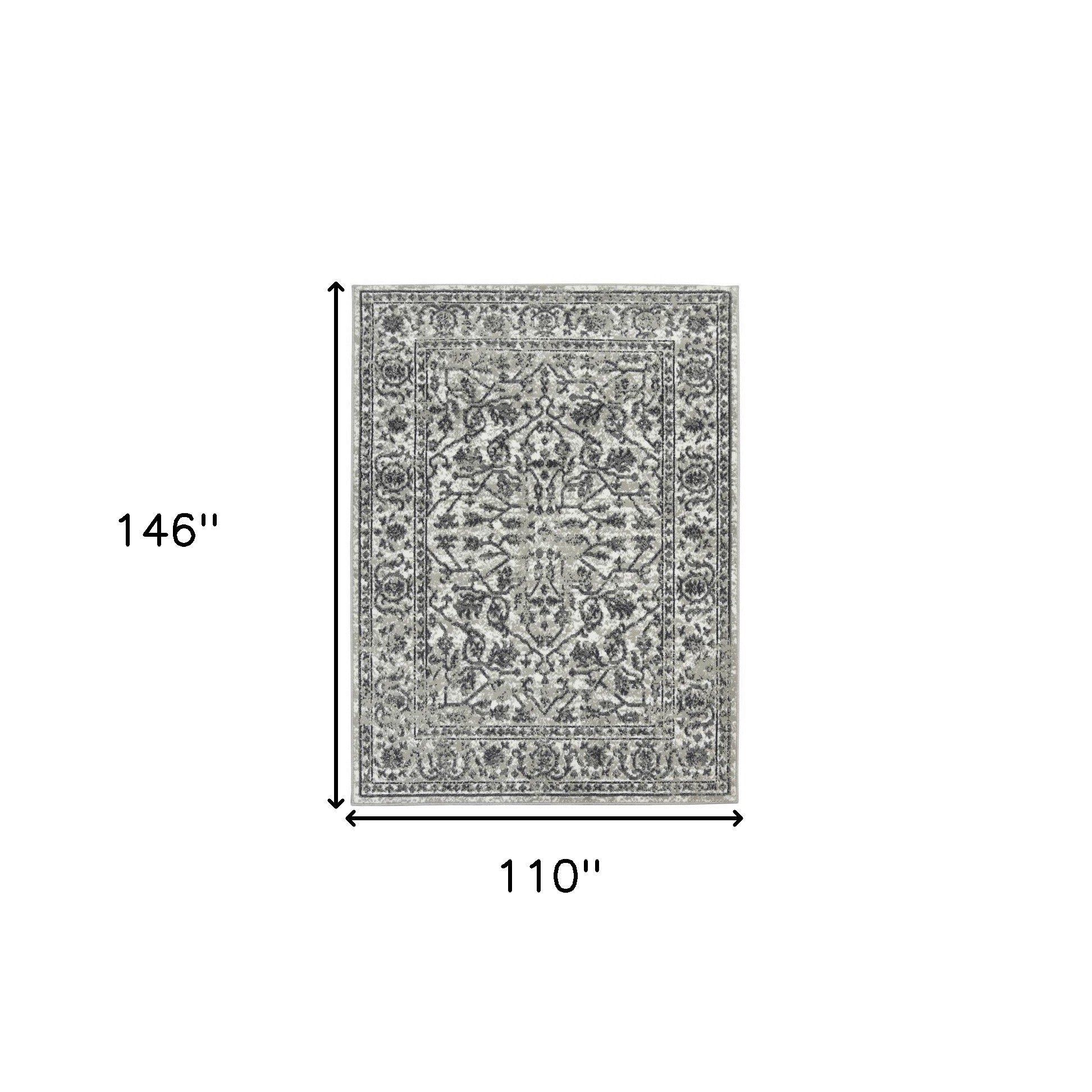 9' x 12' Gray Floral Power Loom Area Rug With Fringe