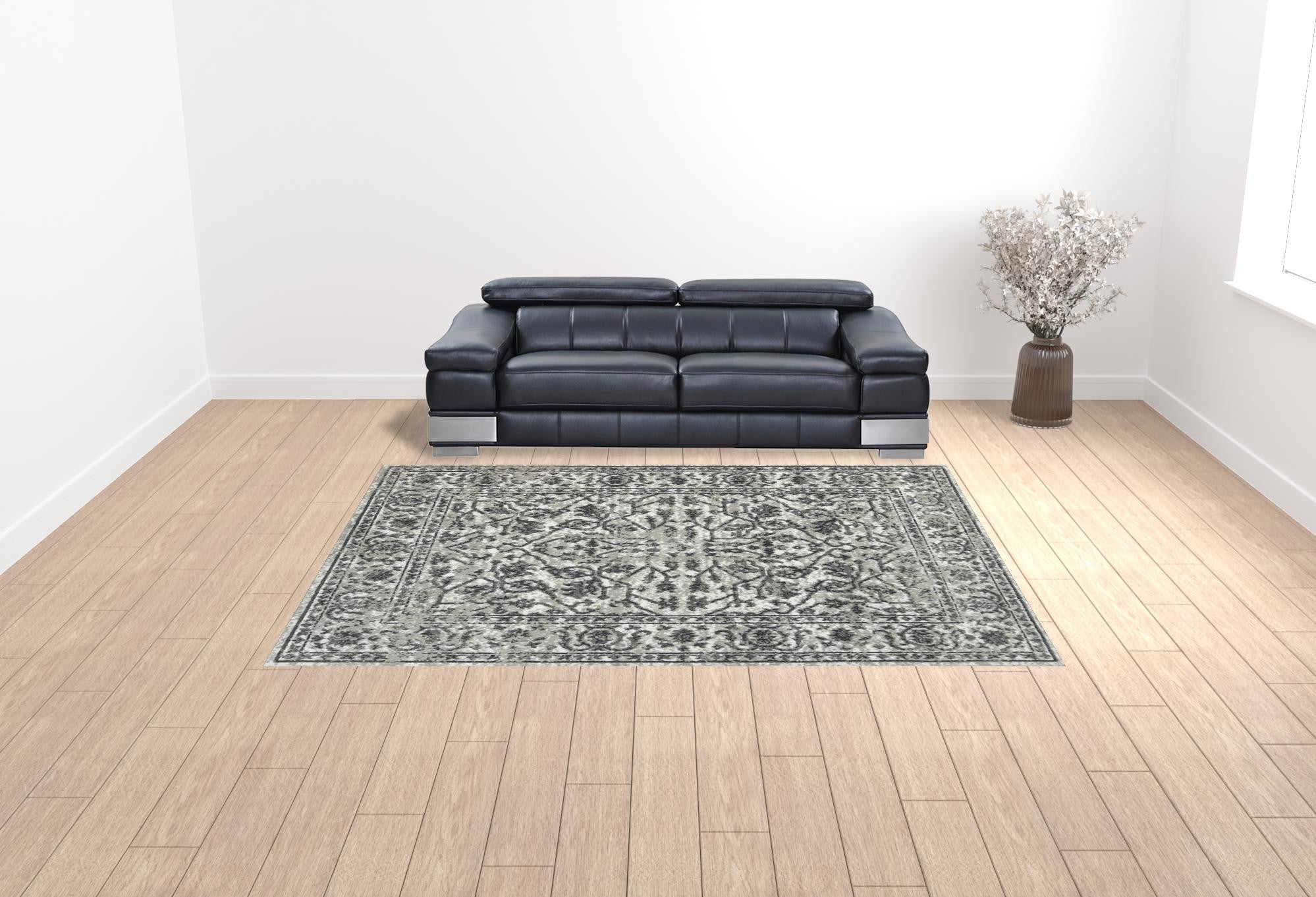 9' x 12' Gray Floral Power Loom Area Rug With Fringe