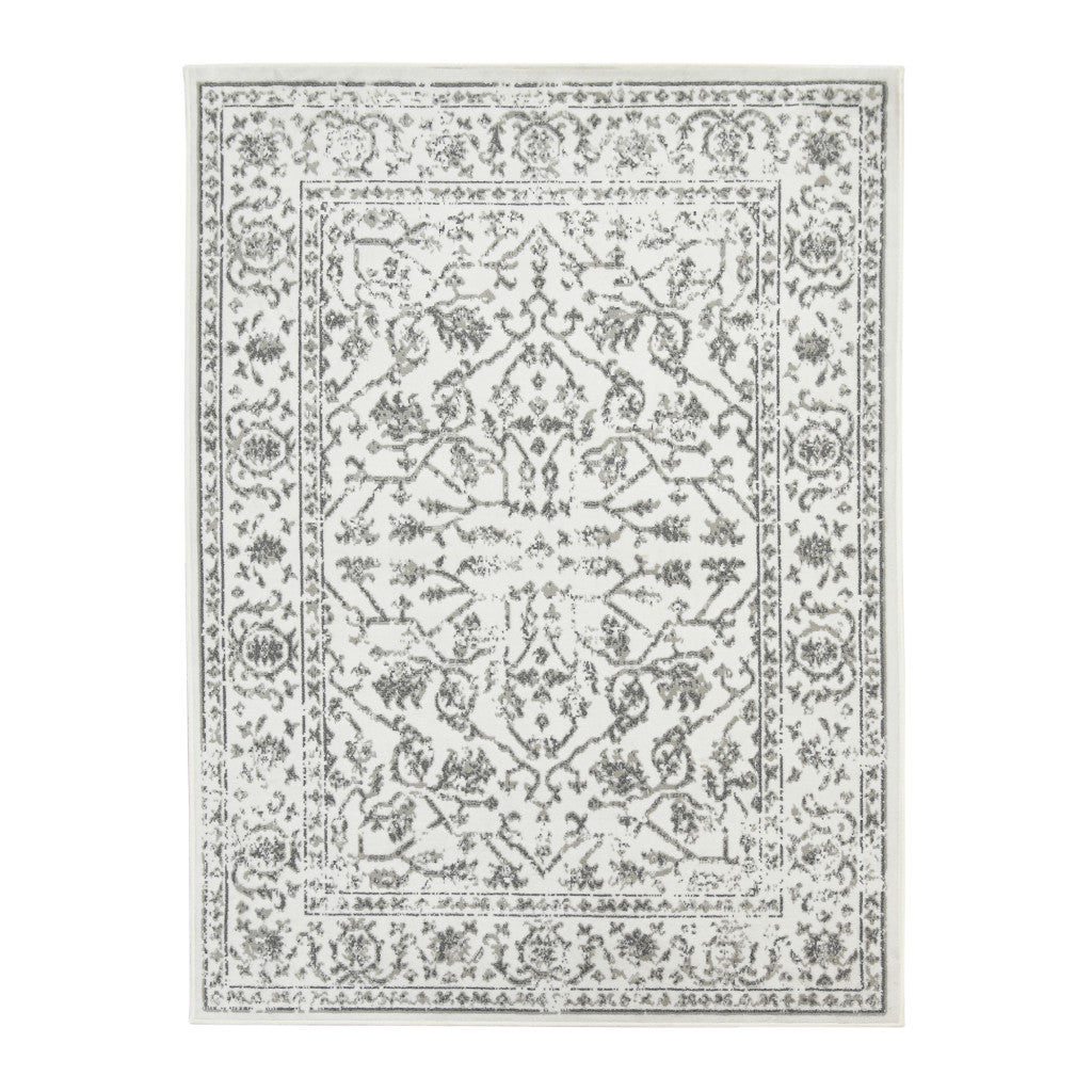 10' x 14' Light Gray Floral Power Loom Area Rug With Fringe