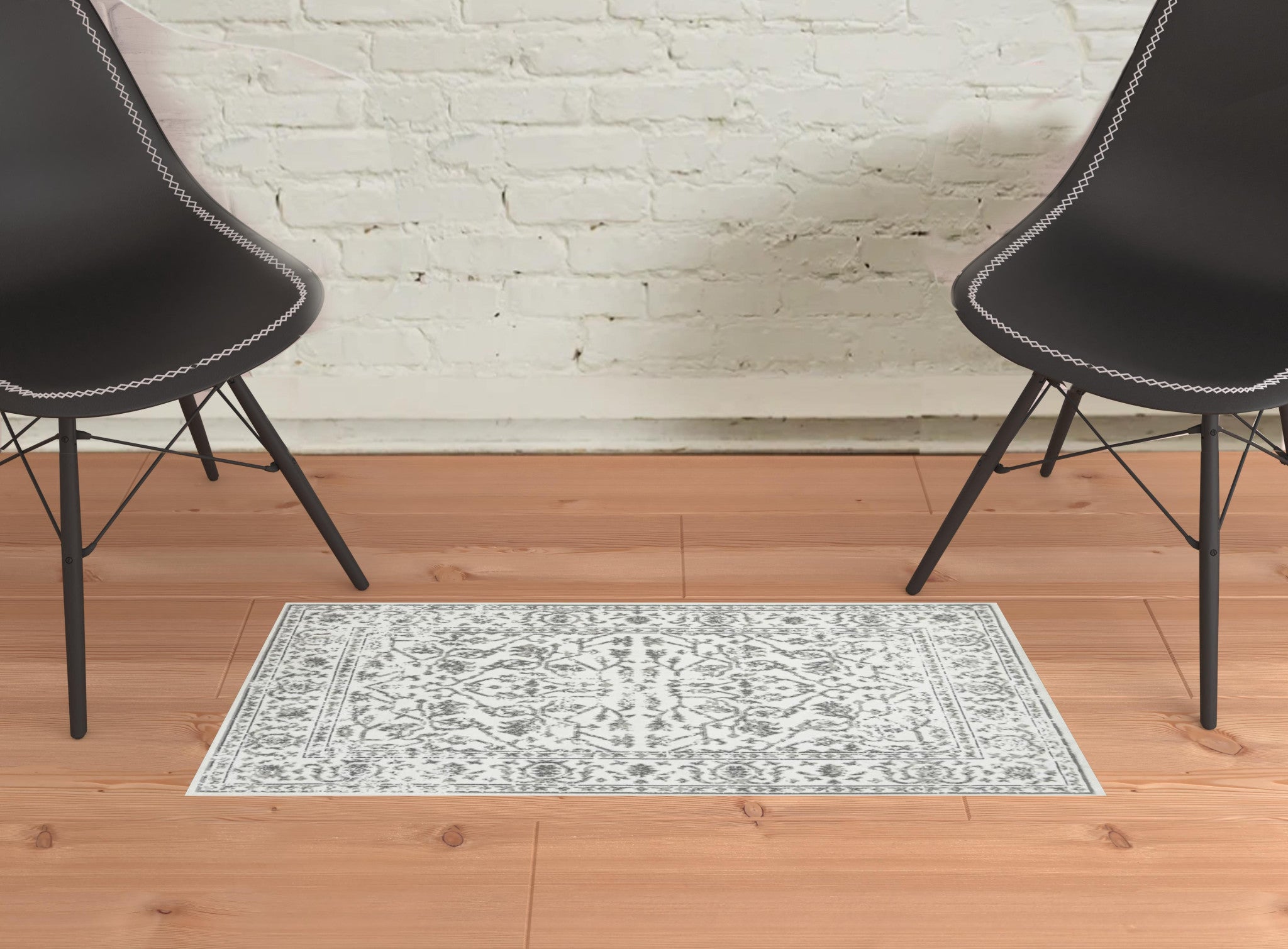 2' x 3' Light Gray Floral Power Loom Area Rug With Fringe