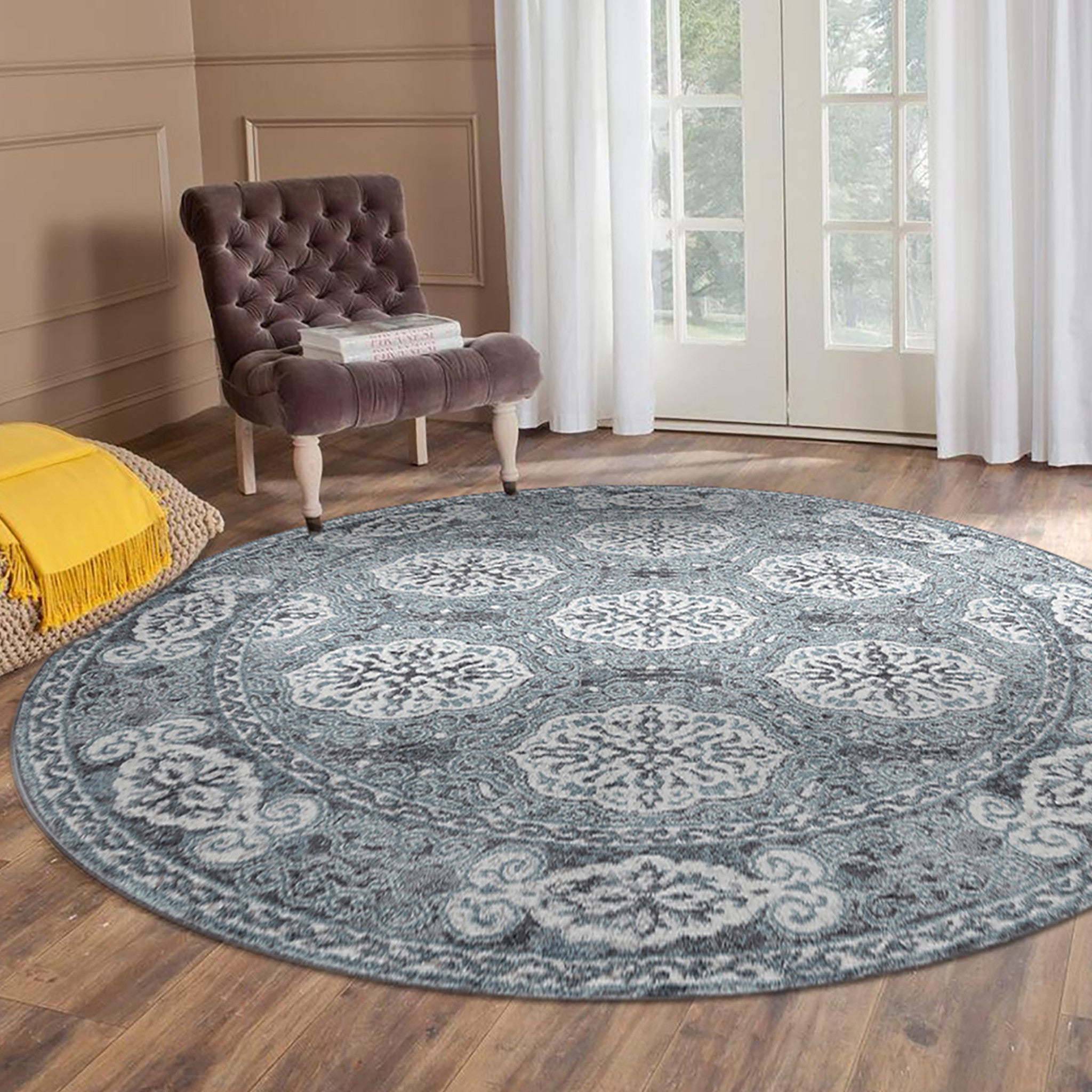 6' Blue Round Medallion Power Loom Area Rug