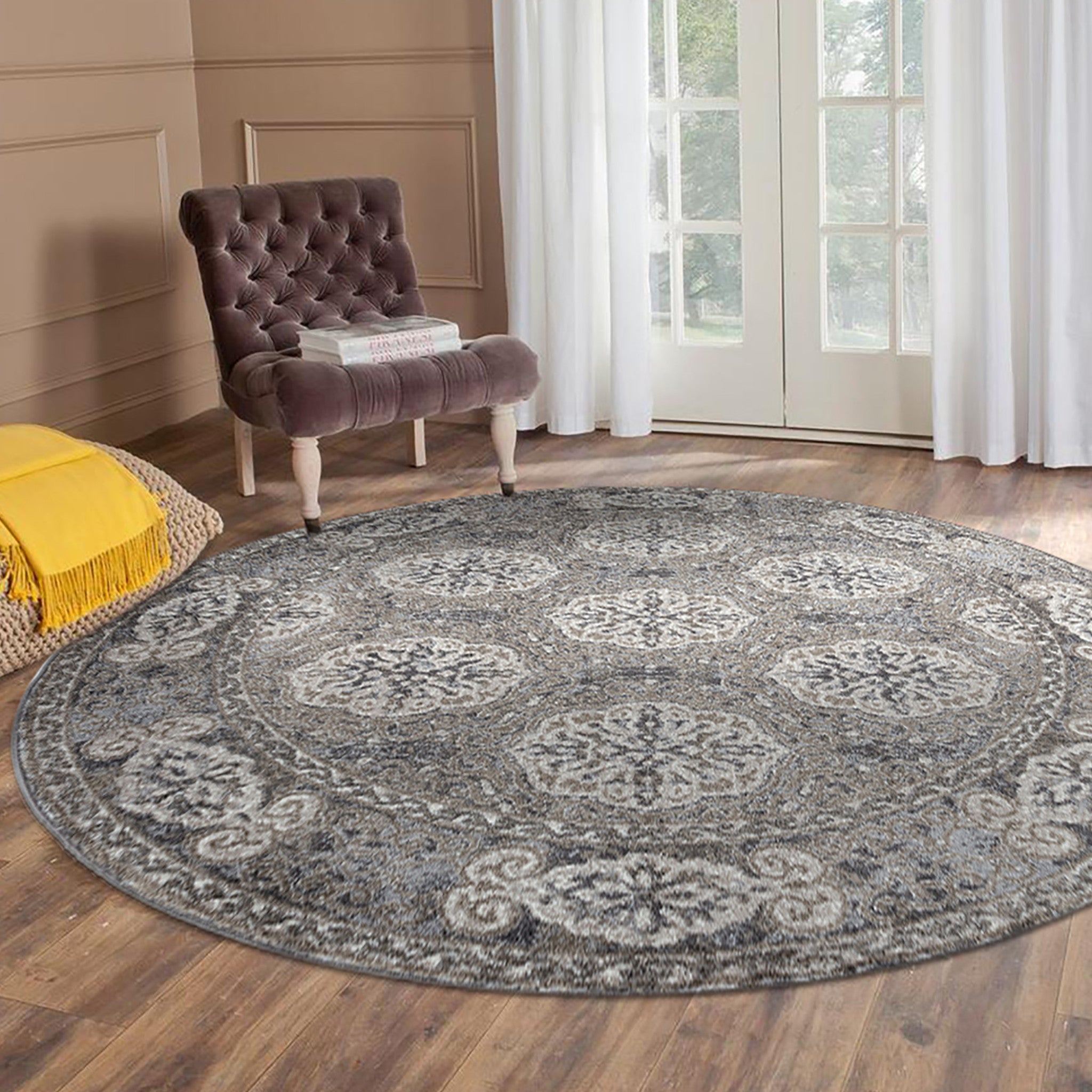 6' Brown Round Medallion Power Loom Area Rug