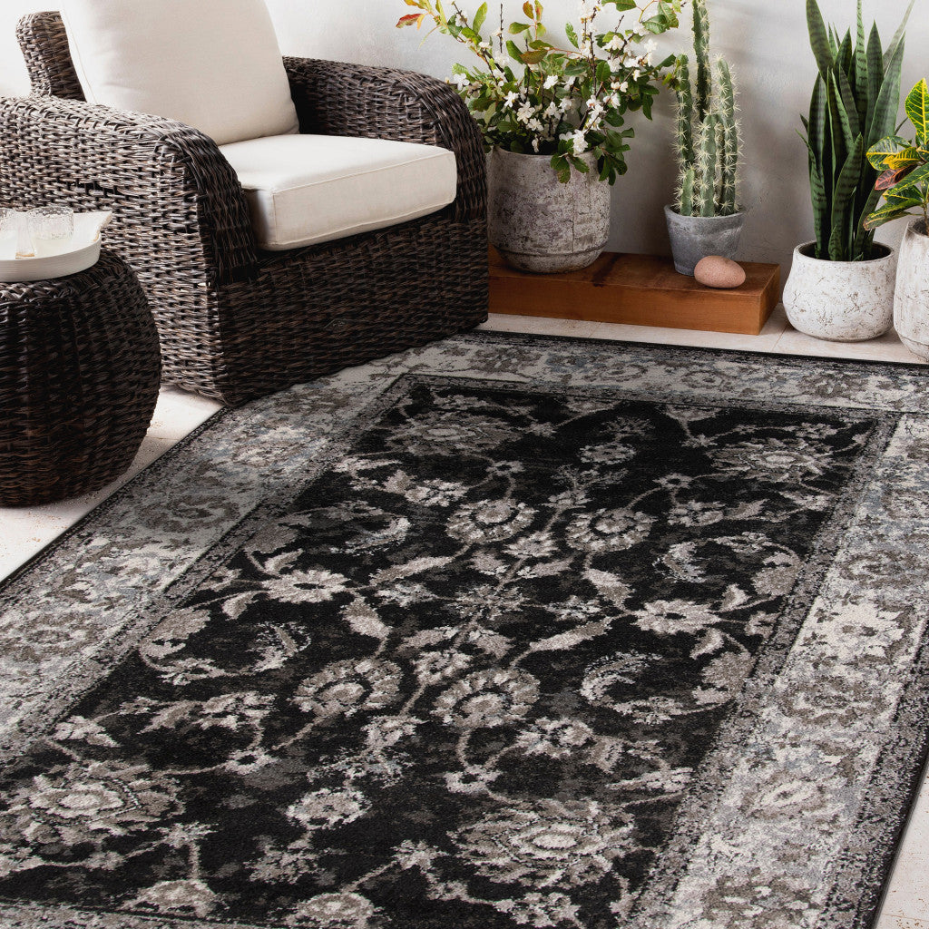 5' x 7' Black Floral Power Loom Area Rug