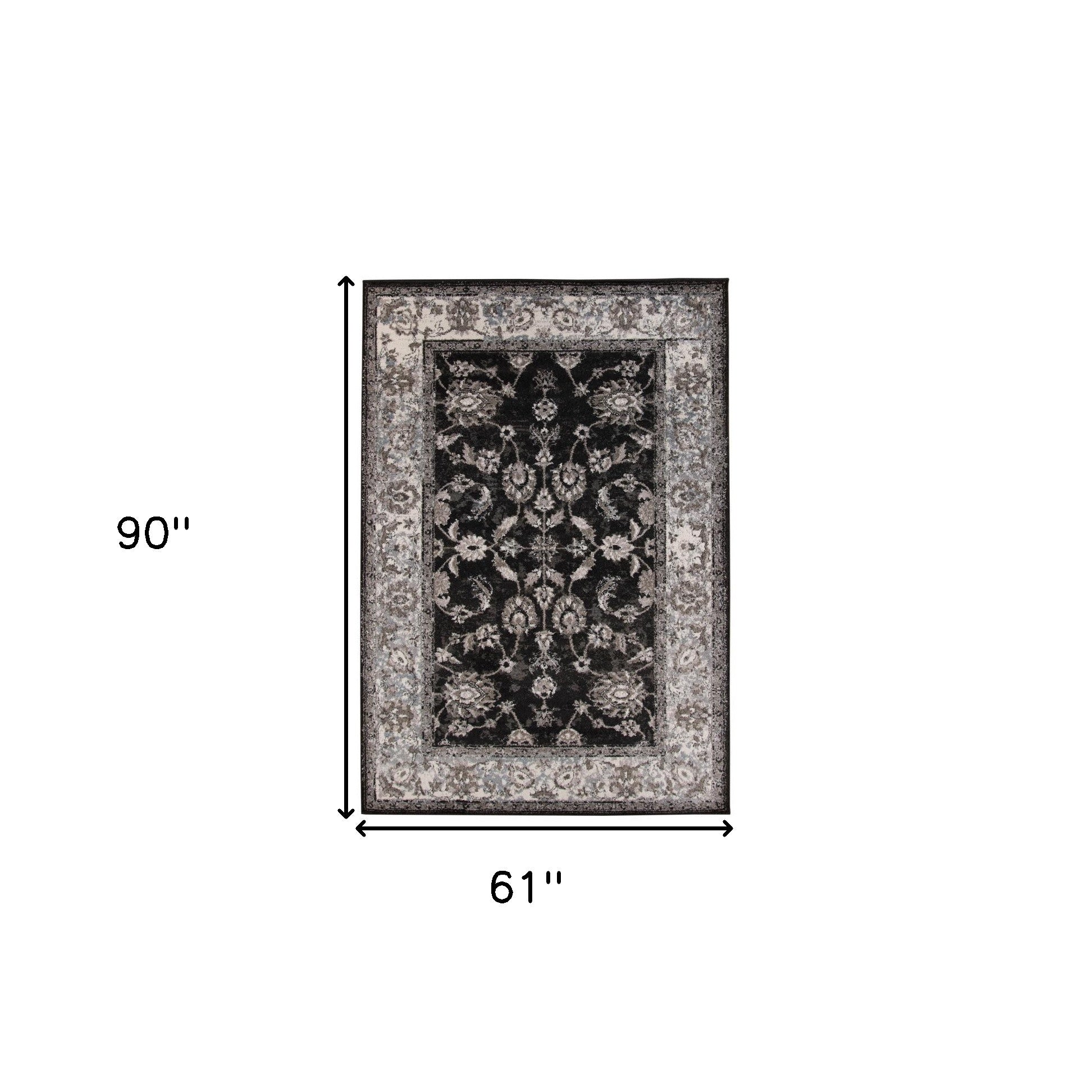 5' x 7' Black Floral Power Loom Area Rug