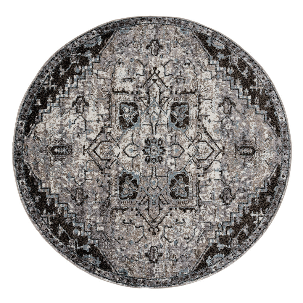 6' Gray Round Medallion Power Loom Area Rug