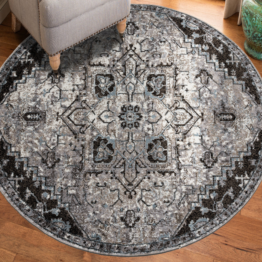 6' Gray Round Medallion Power Loom Area Rug