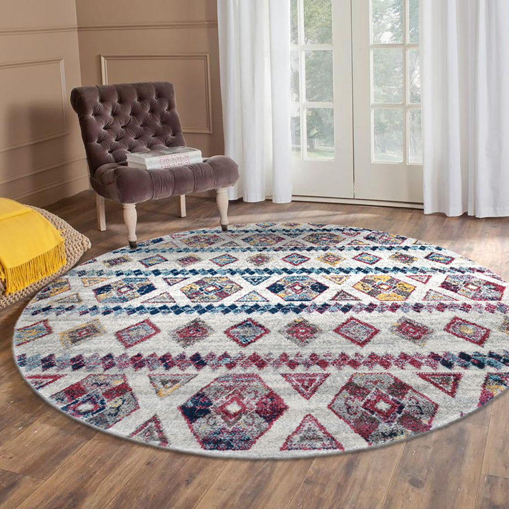 6' Ivory Round Geometric Power Loom Area Rug