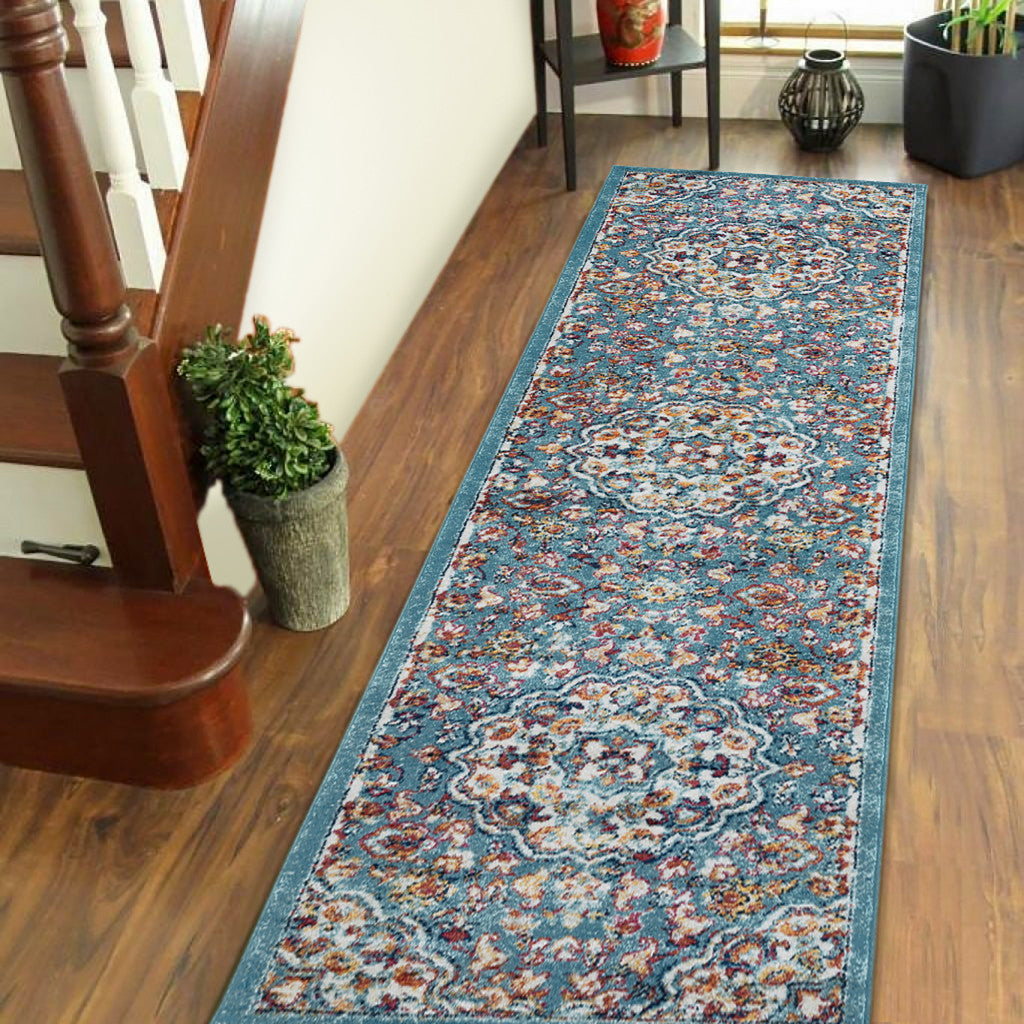 10' Blue Medallion Power Loom Runner Rug