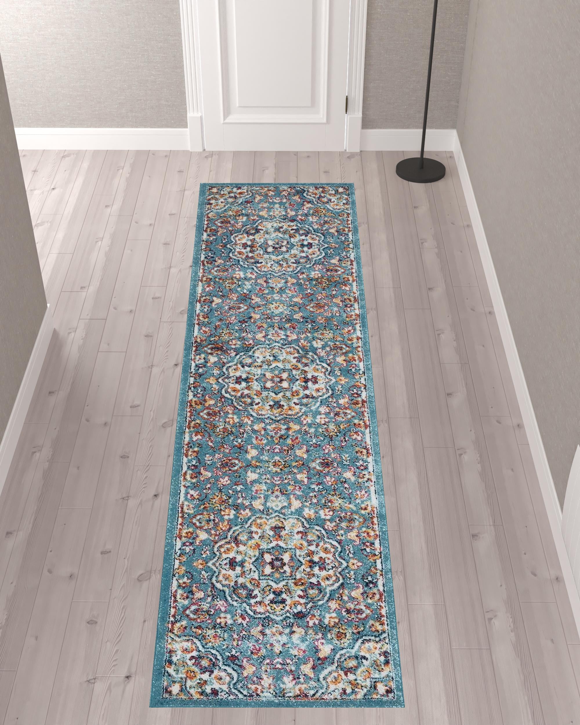 10' Blue Medallion Power Loom Runner Rug