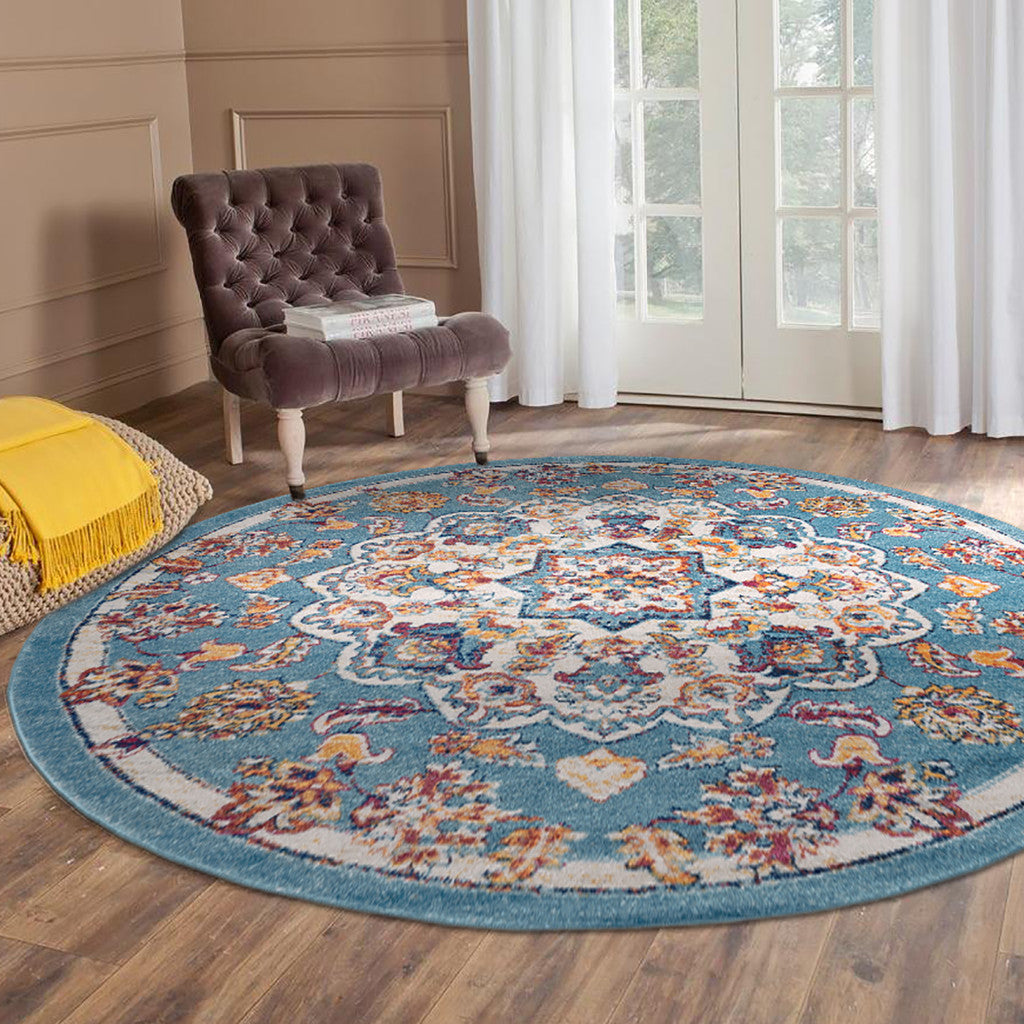 6' Blue Round Medallion Power Loom Area Rug