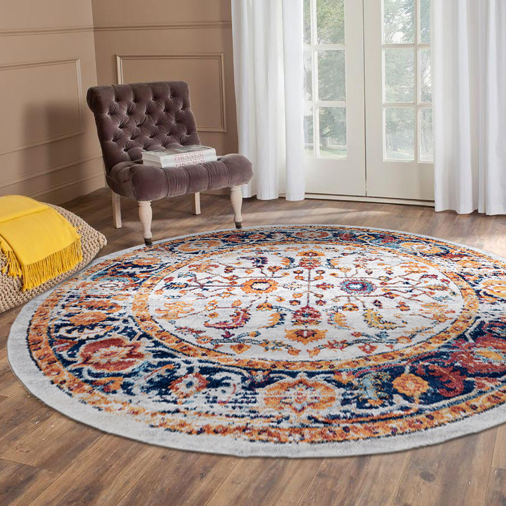 6' Orange Round Floral Power Loom Area Rug