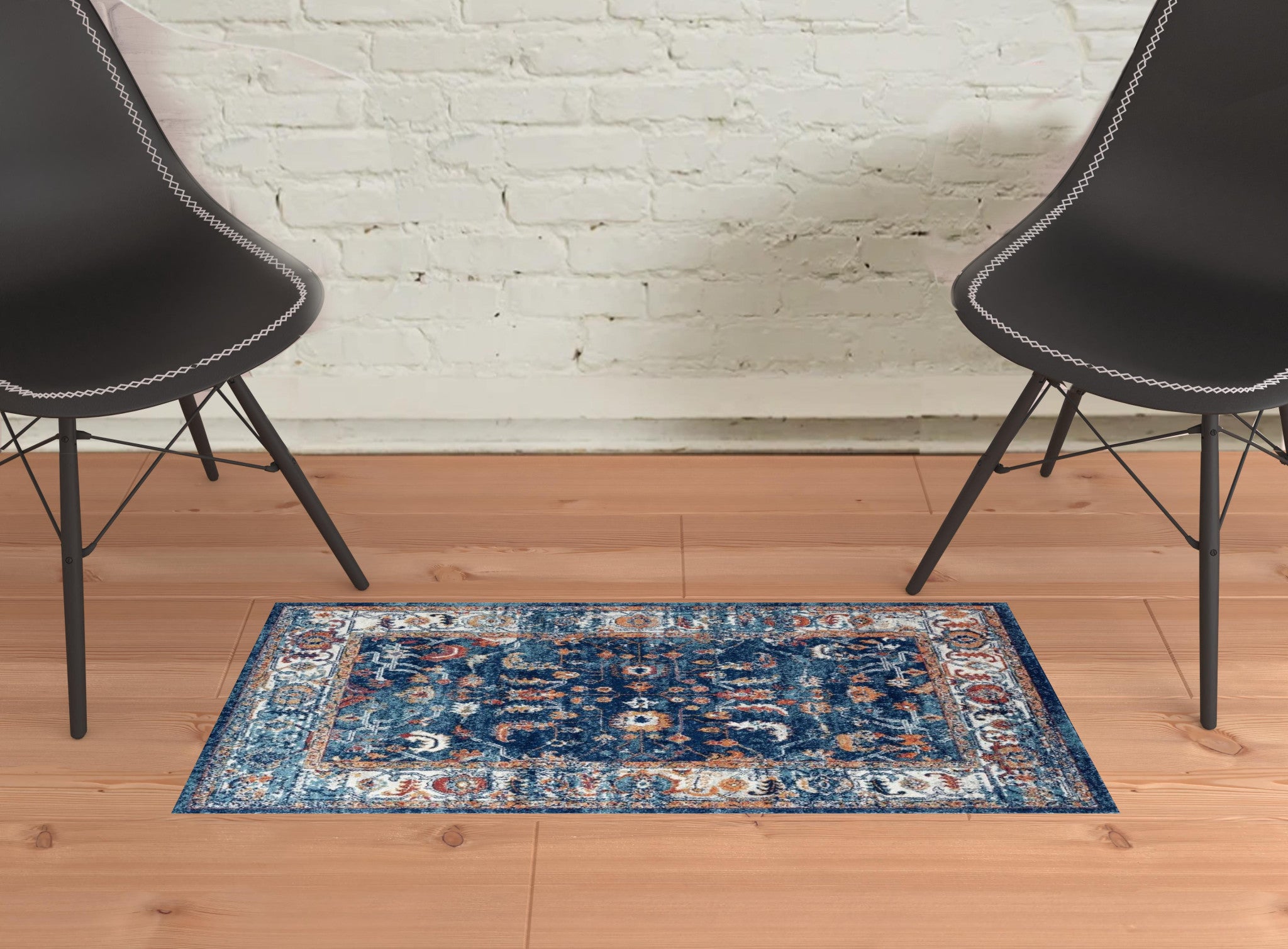 2' x 3' Blue Floral Power Loom Area Rug