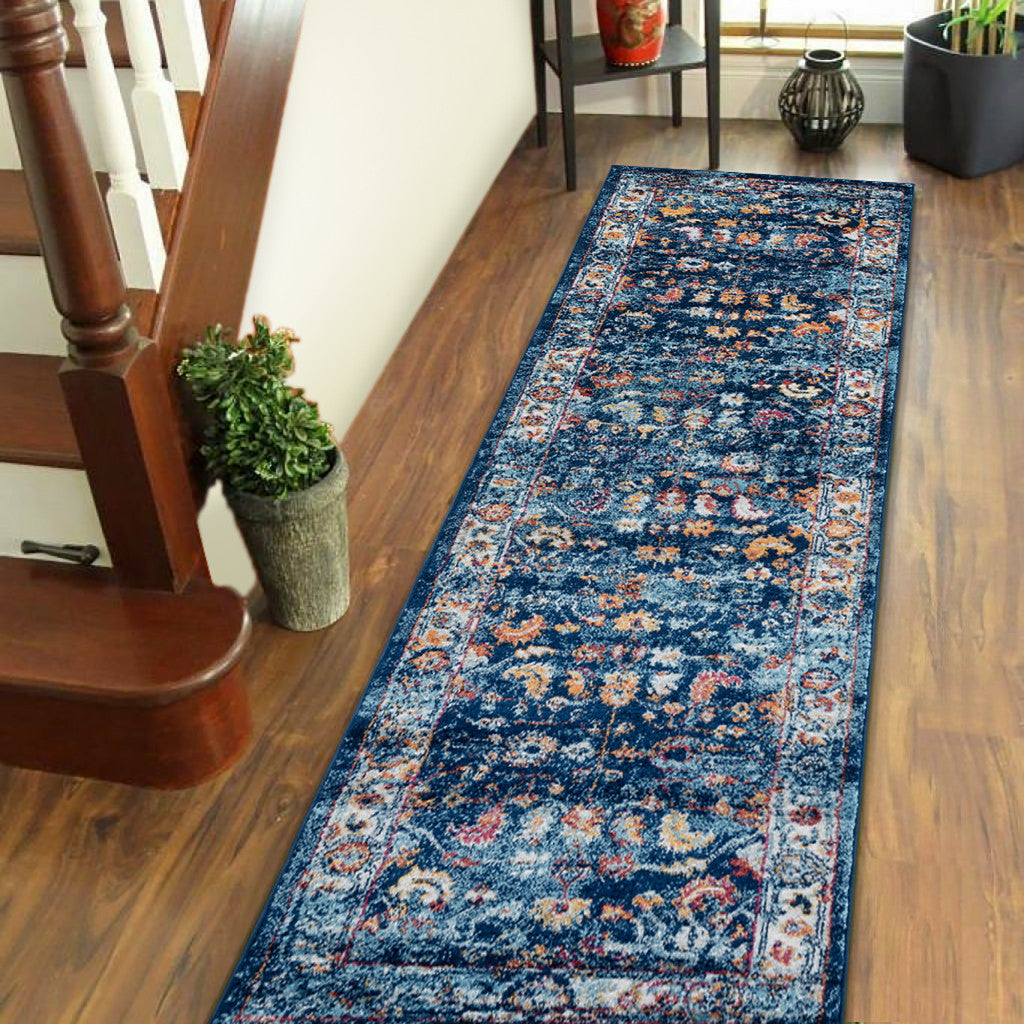 10' Blue and Orange Oriental Power Loom Runner Rug