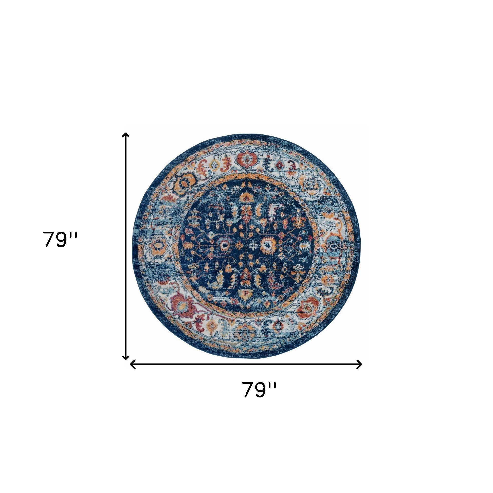 6' Blue and Orange Round Oriental Power Loom Area Rug