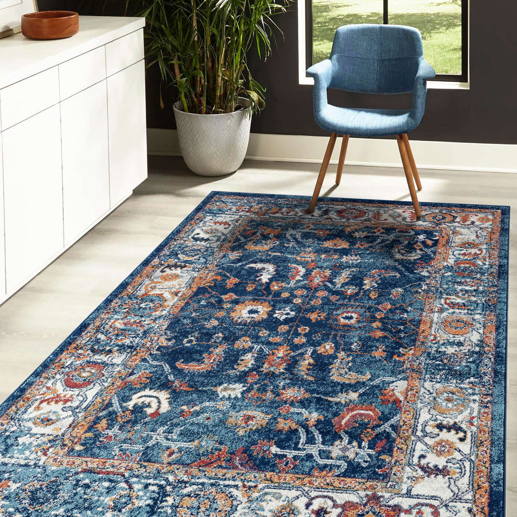 9' x 12' Blue and Orange Oriental Power Loom Area Rug