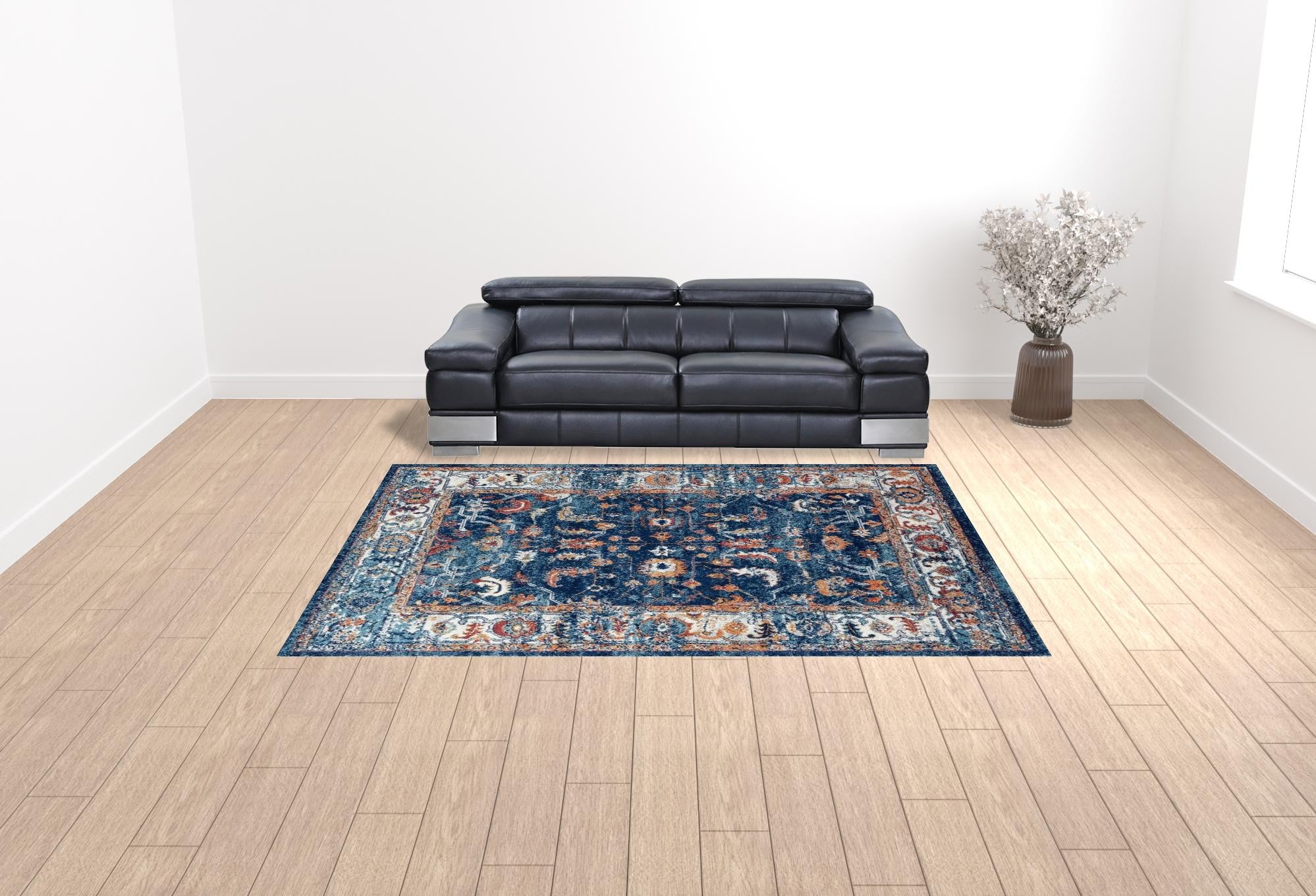 9' x 12' Blue and Orange Oriental Power Loom Area Rug