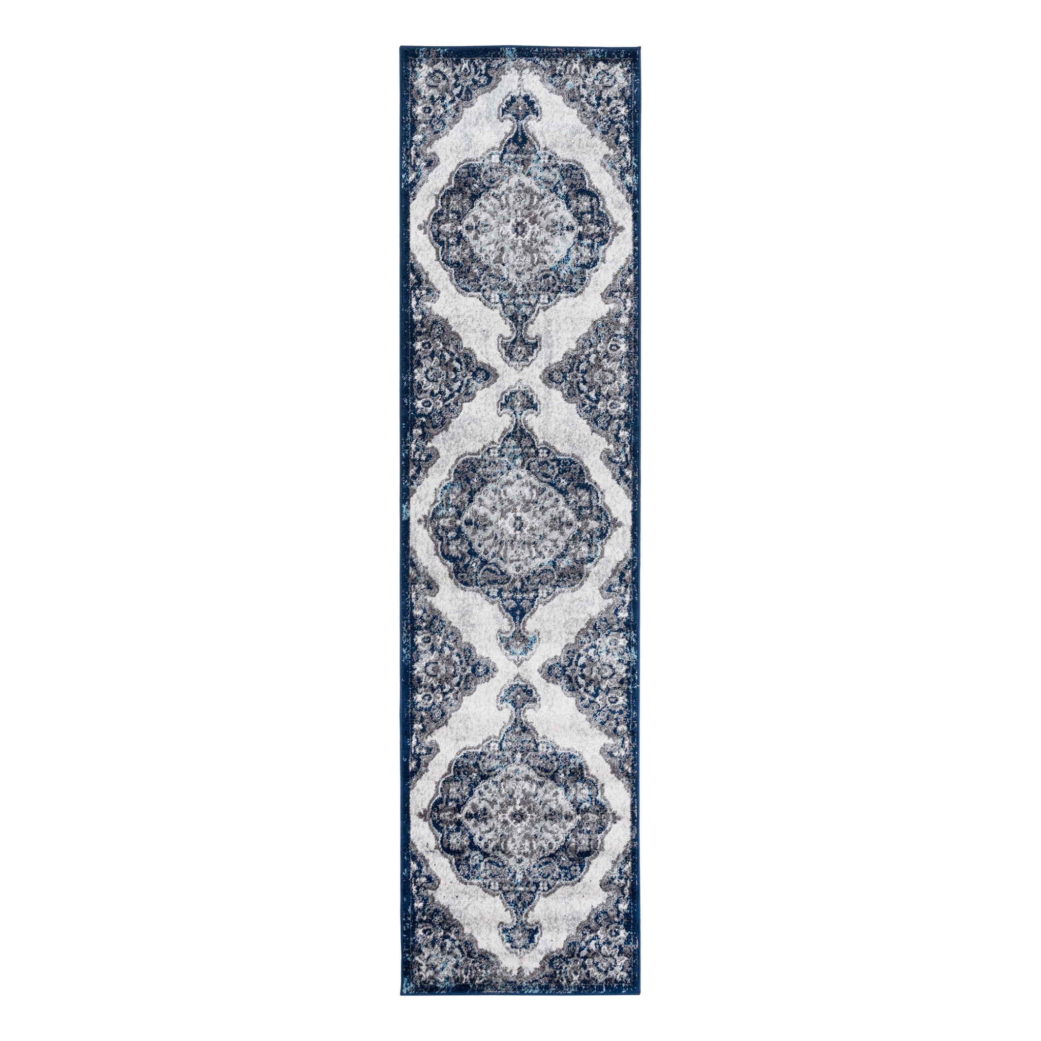 10' Navy Blue Medallion Power Loom Runner Rug