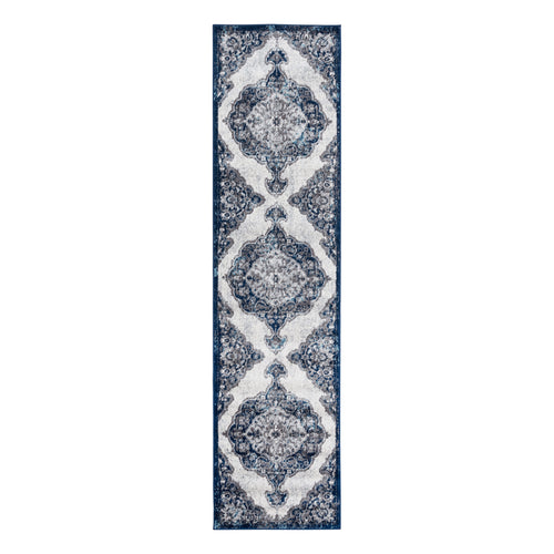 10' Navy Blue Medallion Power Loom Runner Rug