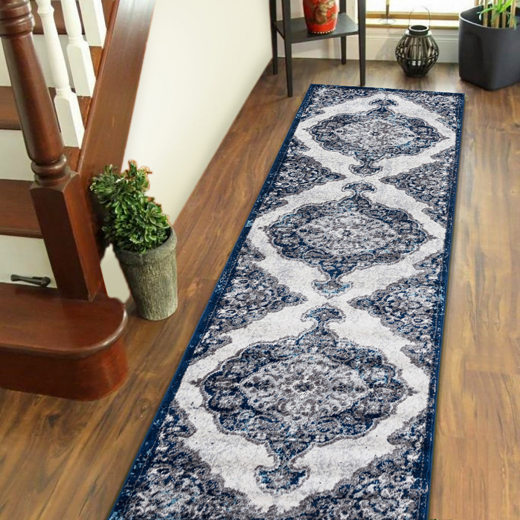 10' Navy Blue Medallion Power Loom Runner Rug