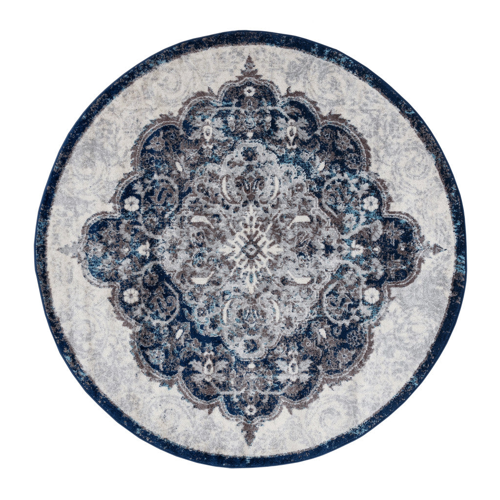 6' Navy Blue Round Medallion Power Loom Area Rug