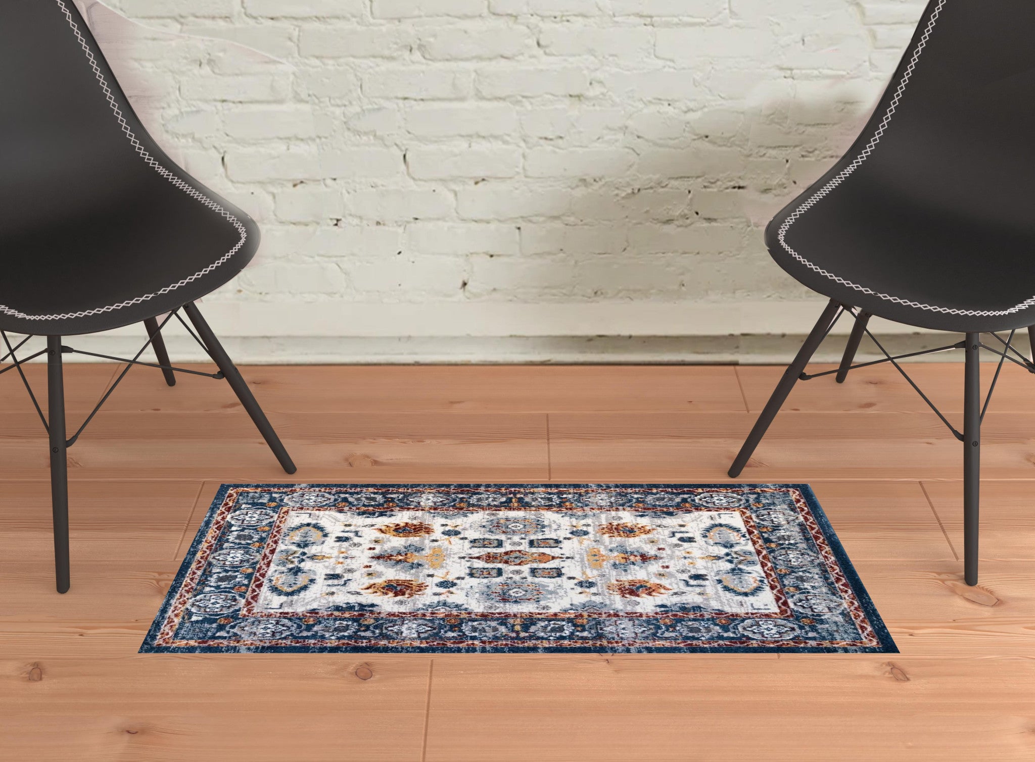 2' x 3' Blue Floral Power Loom Area Rug