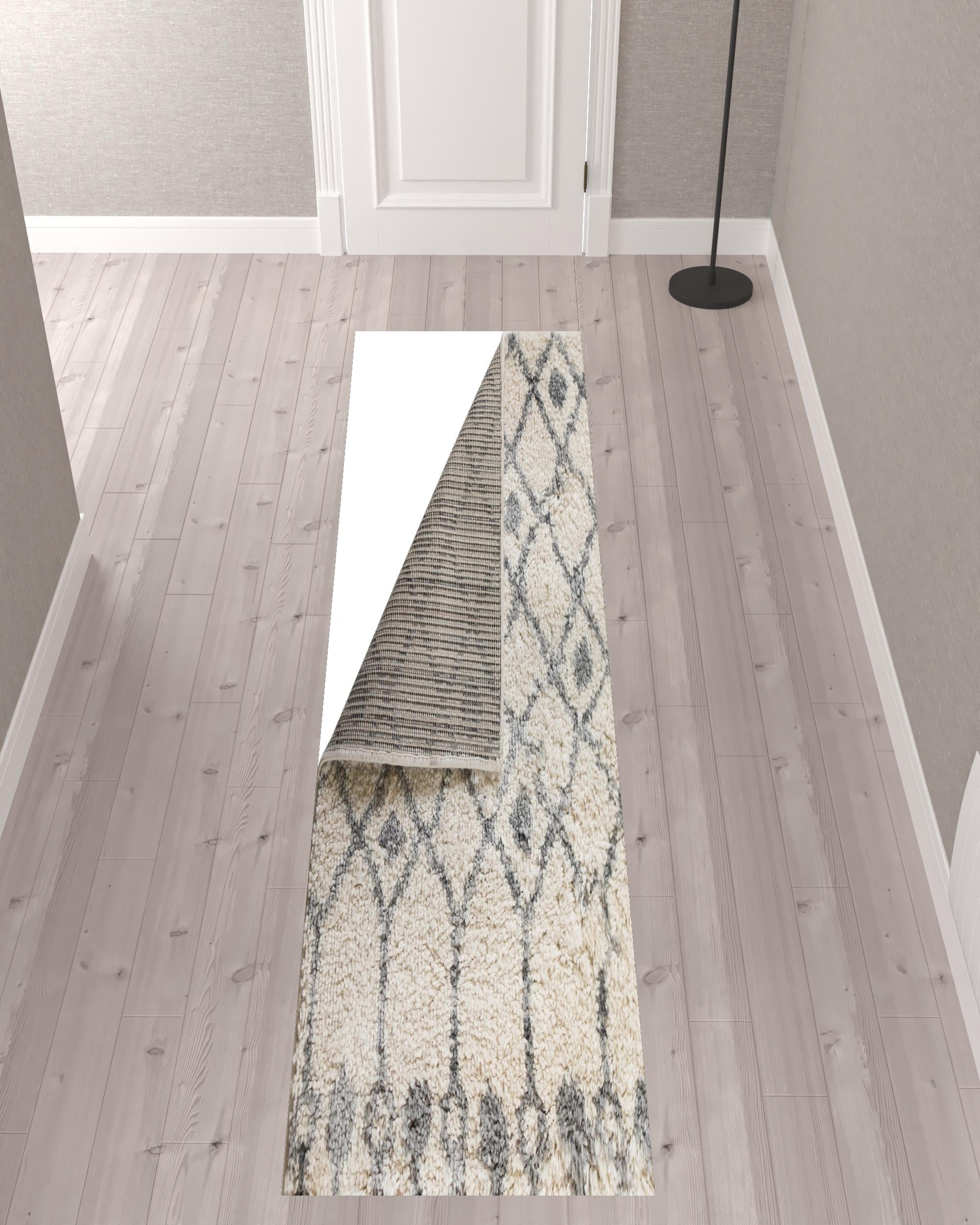 10' Gray and Ivory Geometric Shag Runner Rug