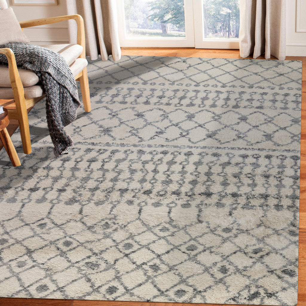 8' x 11' Gray and Ivory Geometric Shag Area Rug