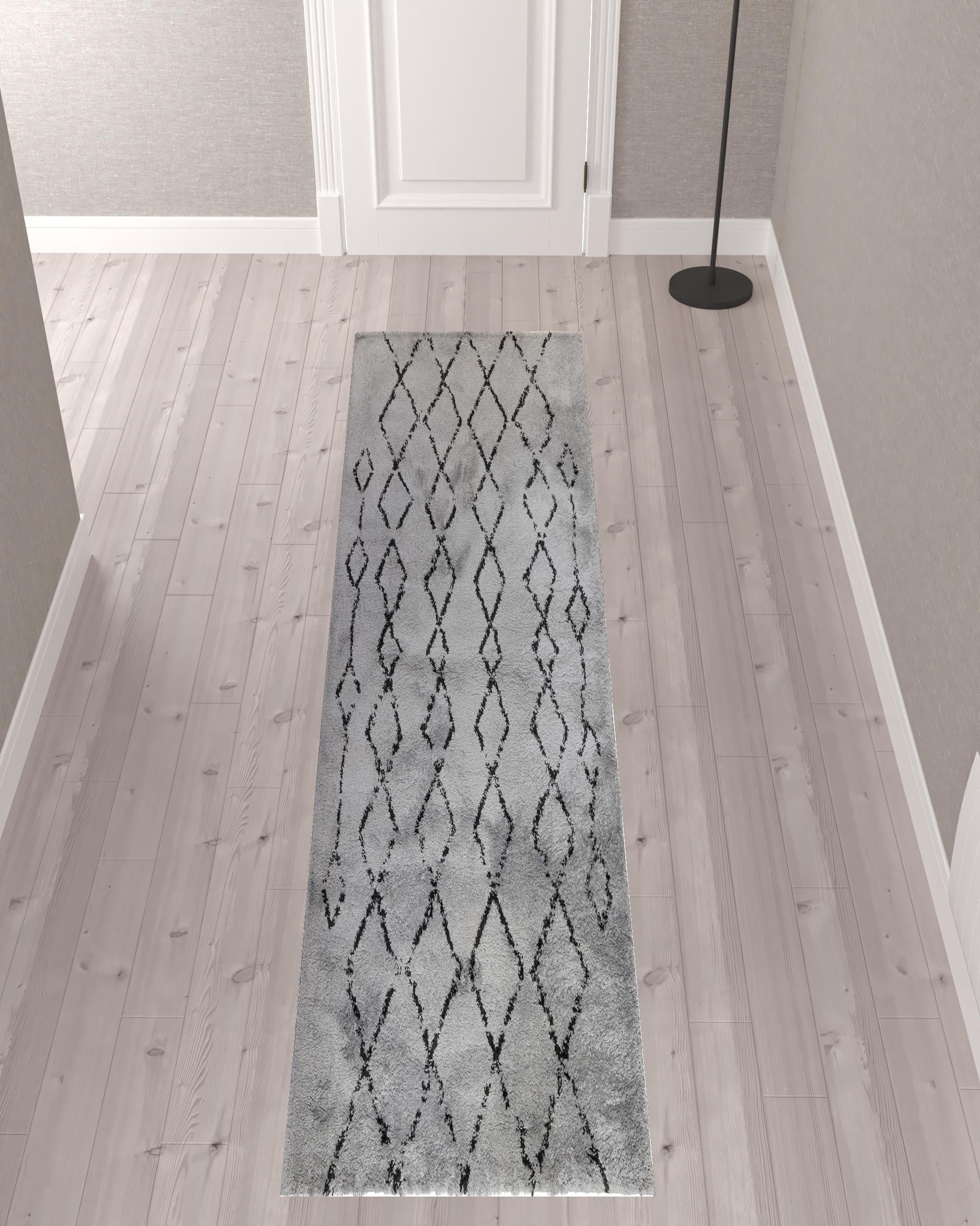 10' Gray and Black Geometric Shag Runner Rug