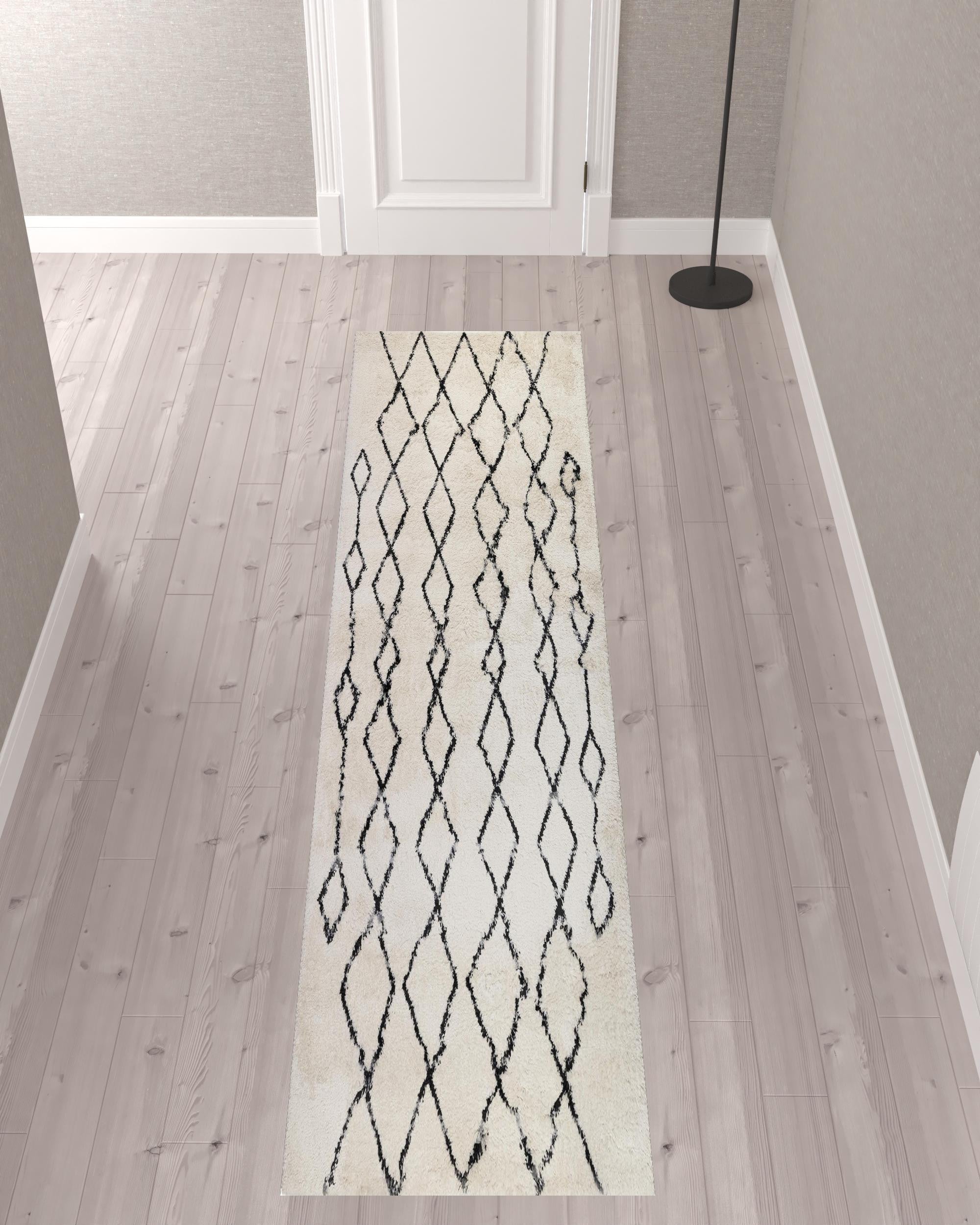 10' Gray and Ivory Geometric Shag Runner Rug