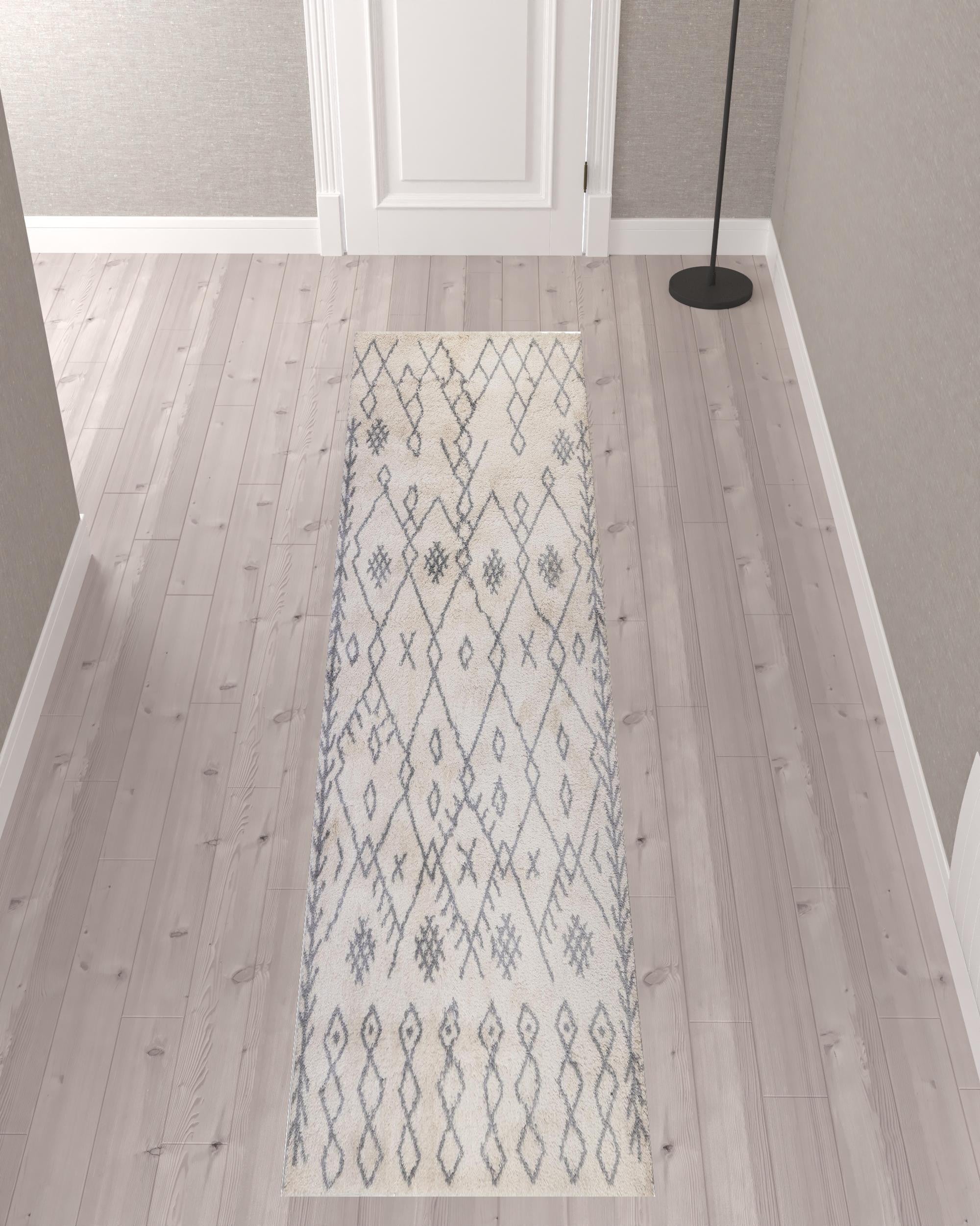 10' Gray and Ivory Geometric Shag Runner Rug