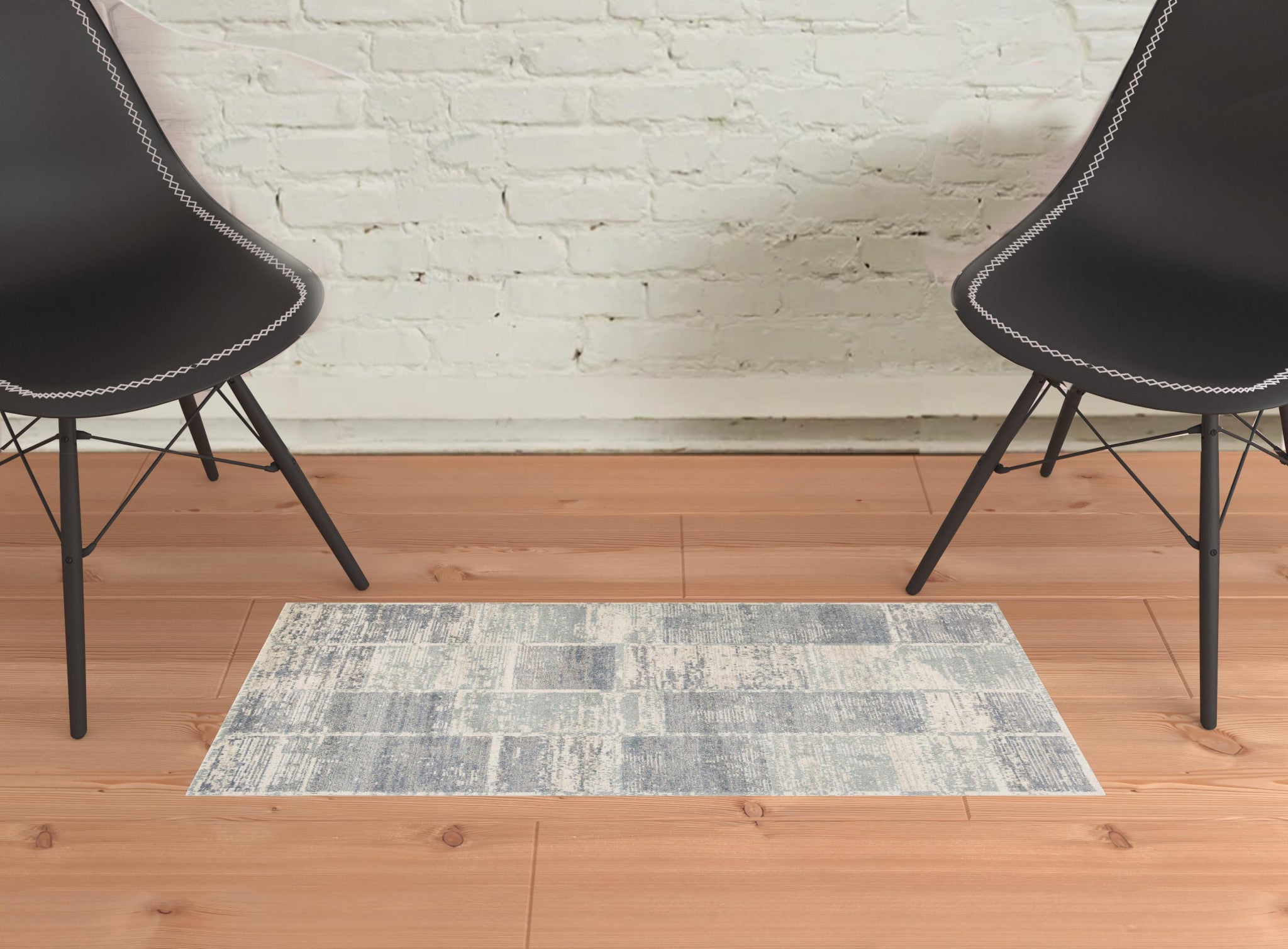 2' x 3' Light Blue Geometric Power Loom Area Rug With Fringe