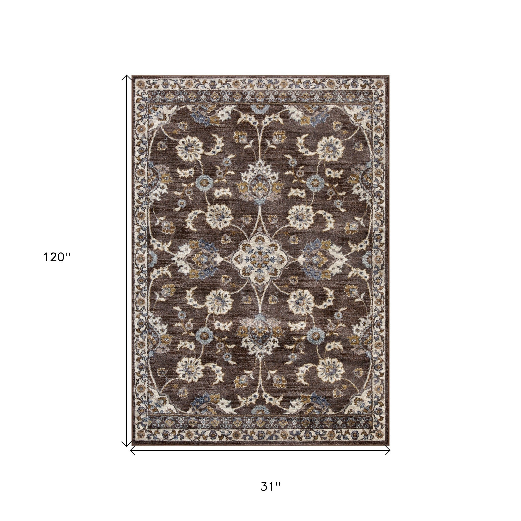 10' Brown Floral Power Loom Runner Rug With Fringe