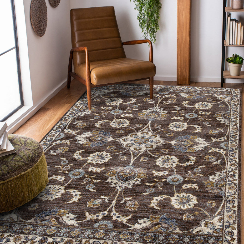 8' x 10' Brown Floral Power Loom Area Rug With Fringe