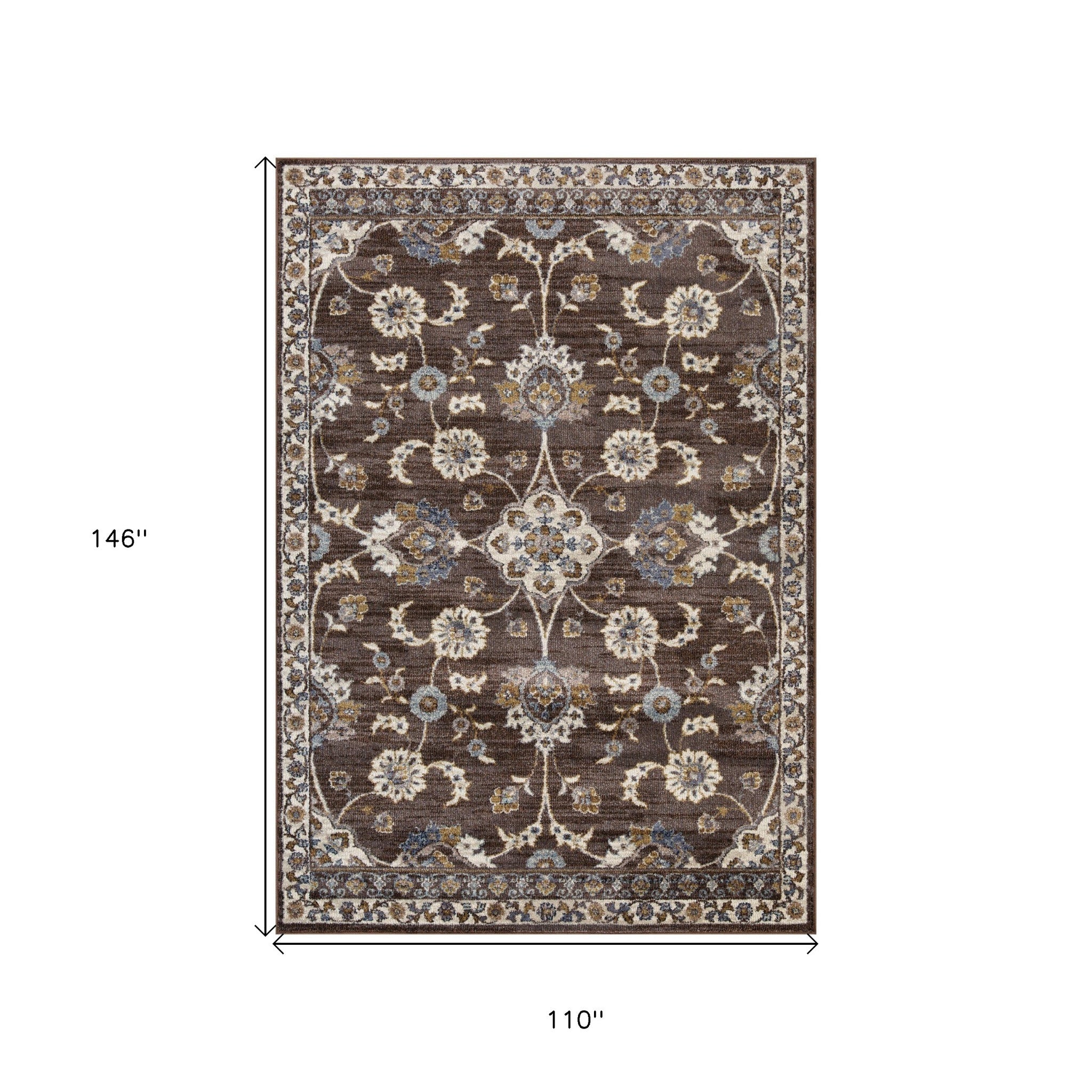 9' x 12' Brown Floral Power Loom Area Rug With Fringe