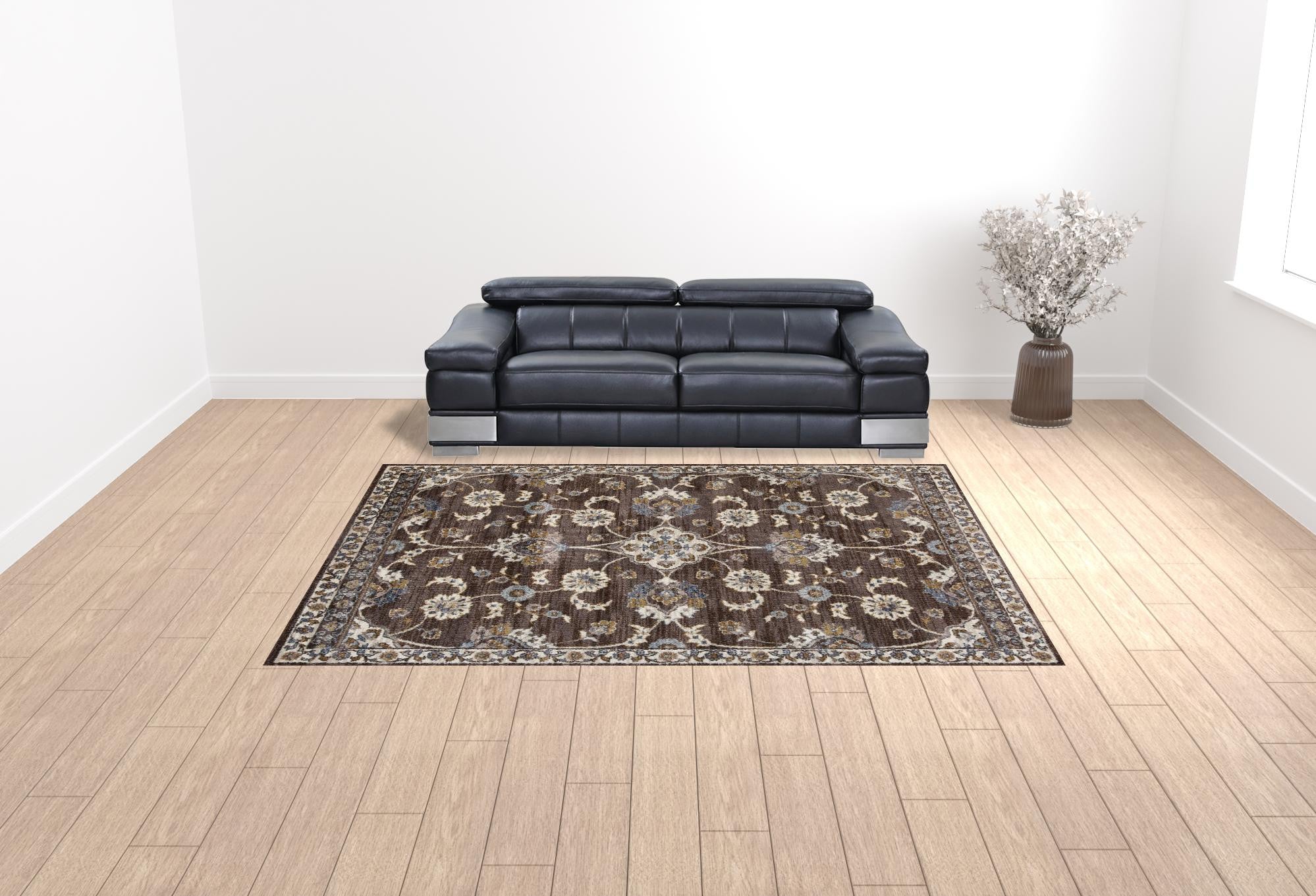 9' x 12' Brown Floral Power Loom Area Rug With Fringe