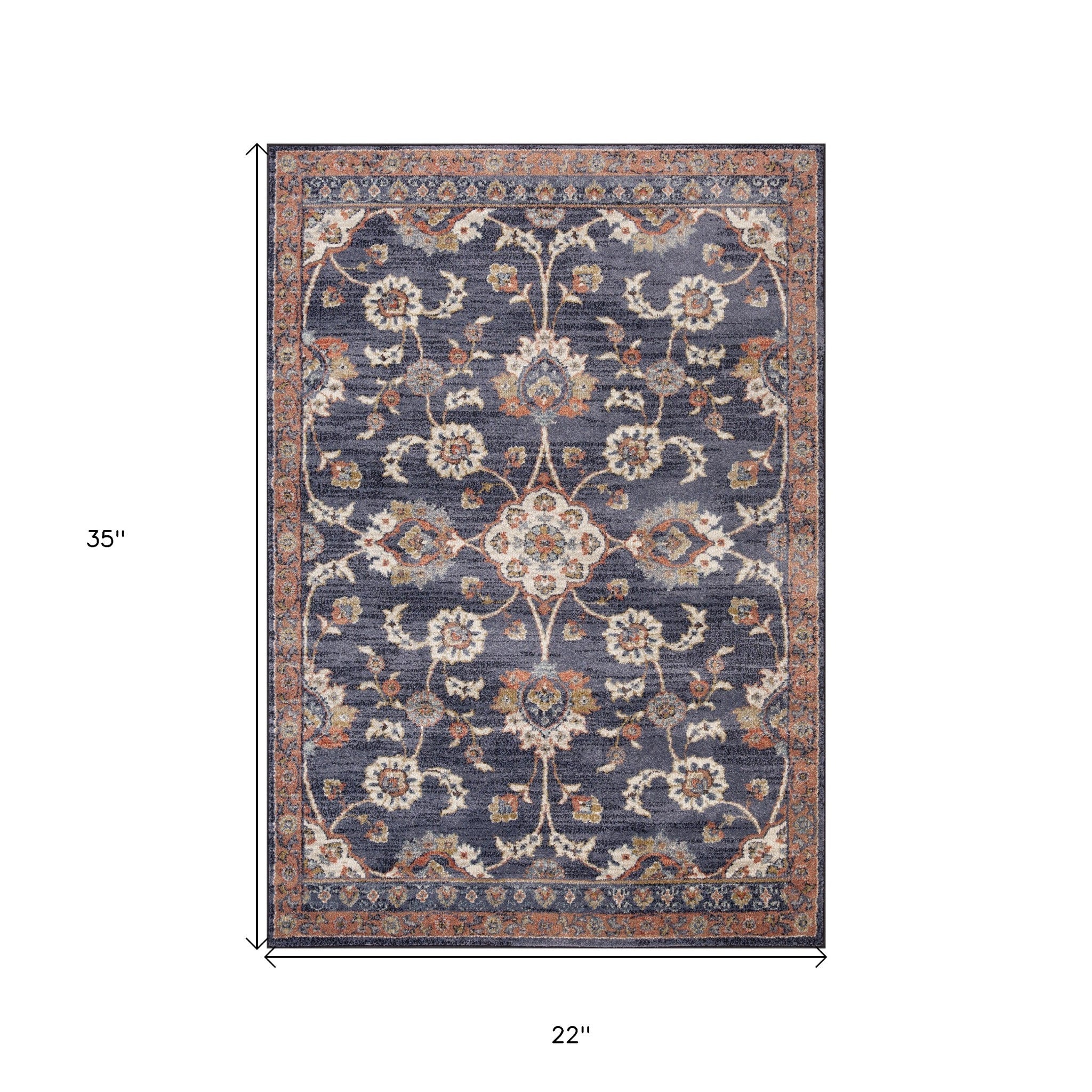 2' x 3' Navy Blue Floral Power Loom Area Rug With Fringe