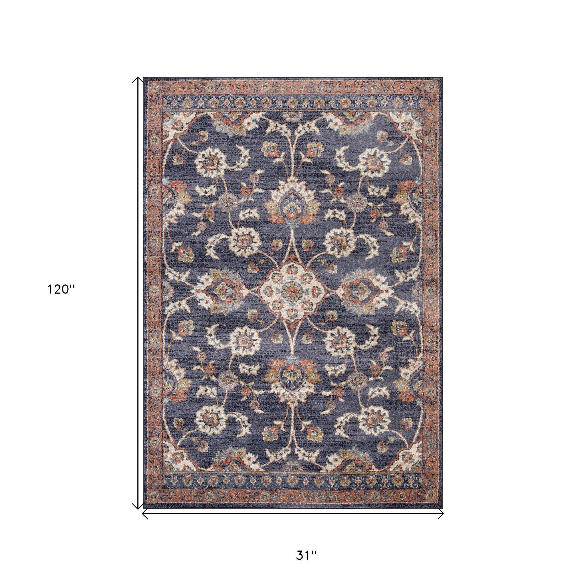 10' Navy Blue Floral Power Loom Runner Rug With Fringe