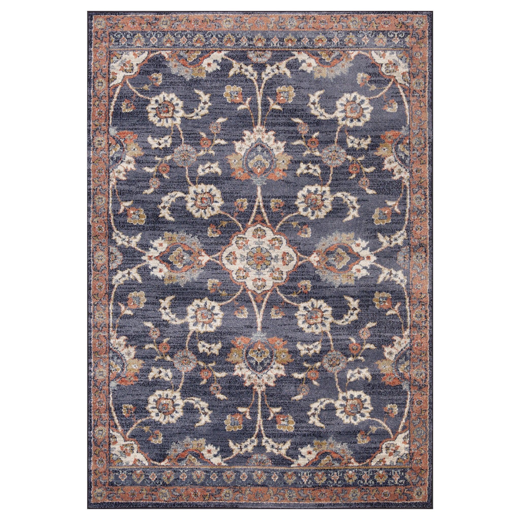 5' x 7' Navy Blue Floral Power Loom Area Rug With Fringe