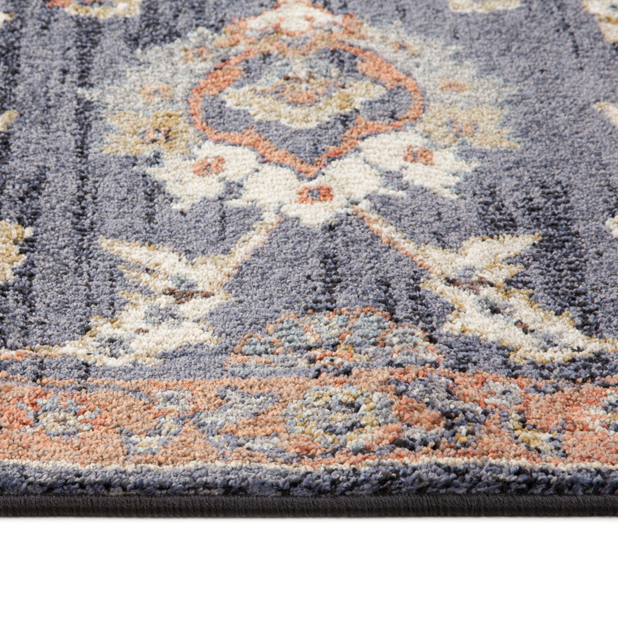 5' x 7' Navy Blue Floral Power Loom Area Rug With Fringe