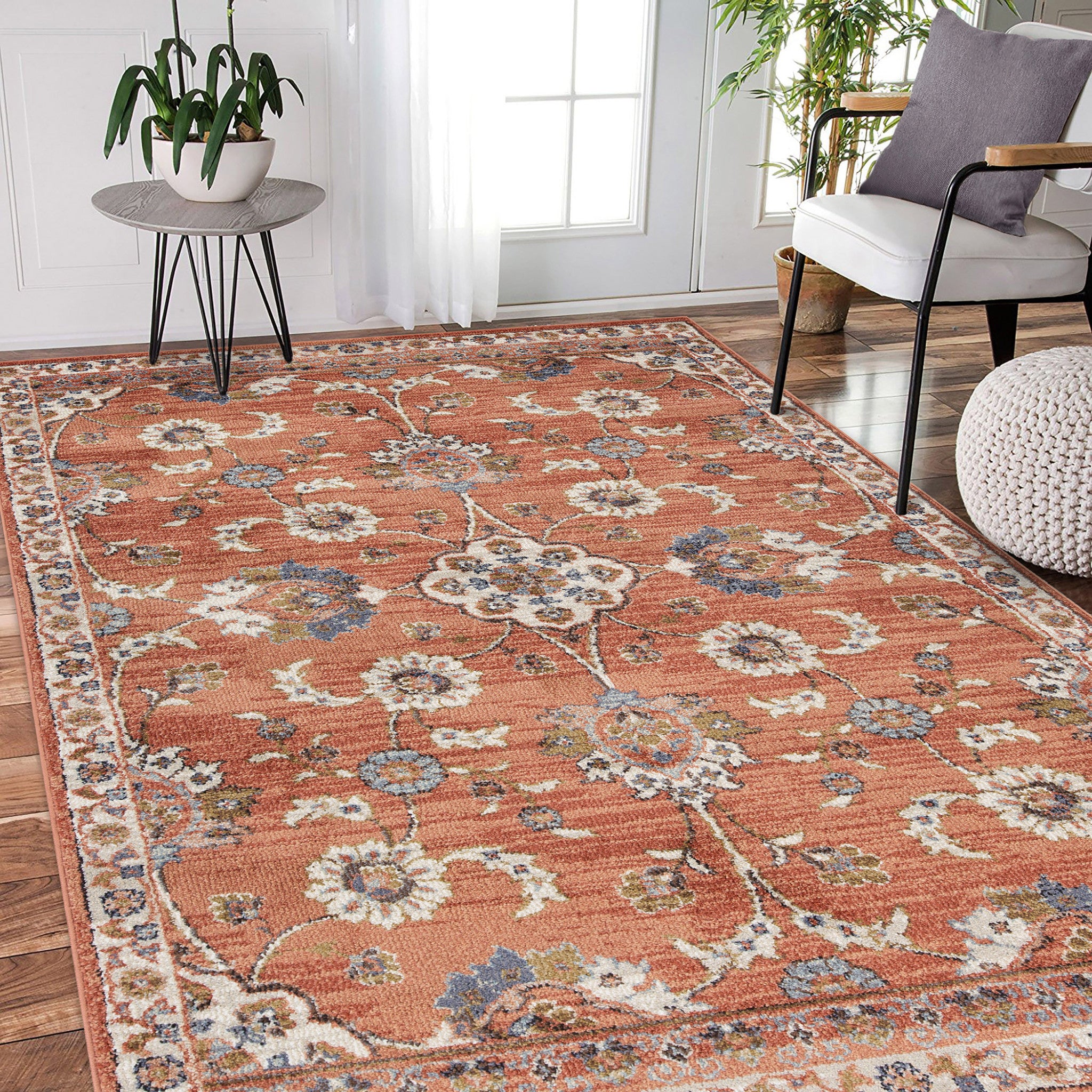 9' x 12' Orange Floral Power Loom Area Rug