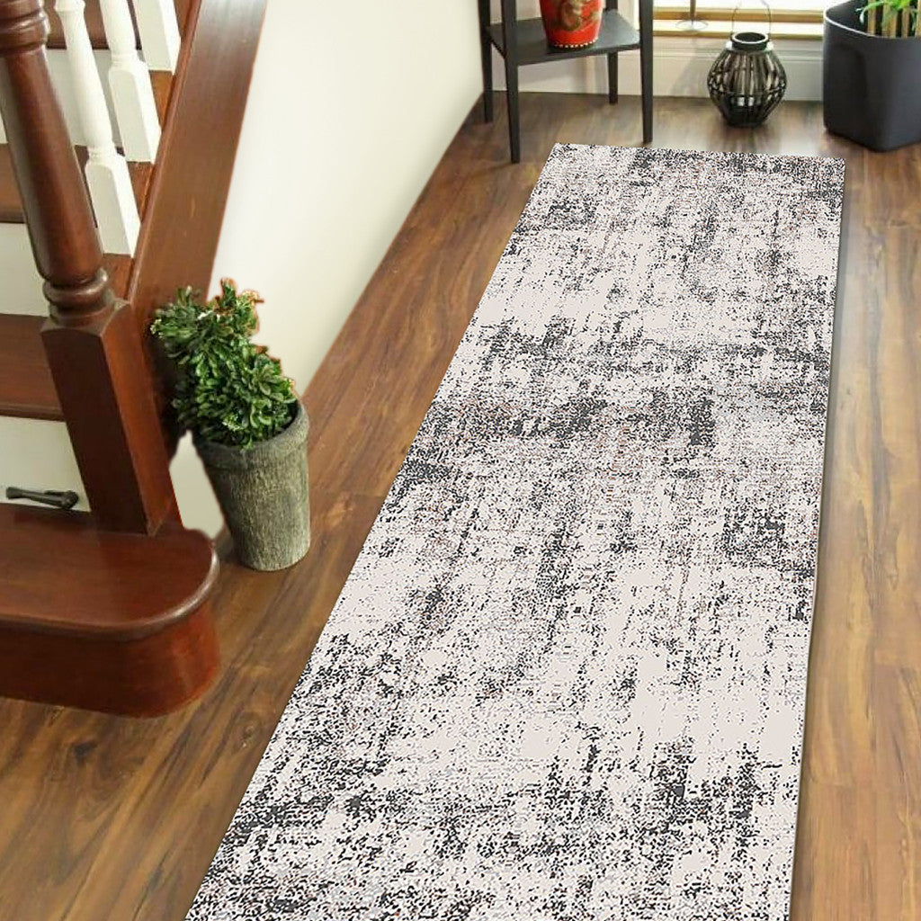 10' Gray and Ivory Abstract Power Loom Runner Rug