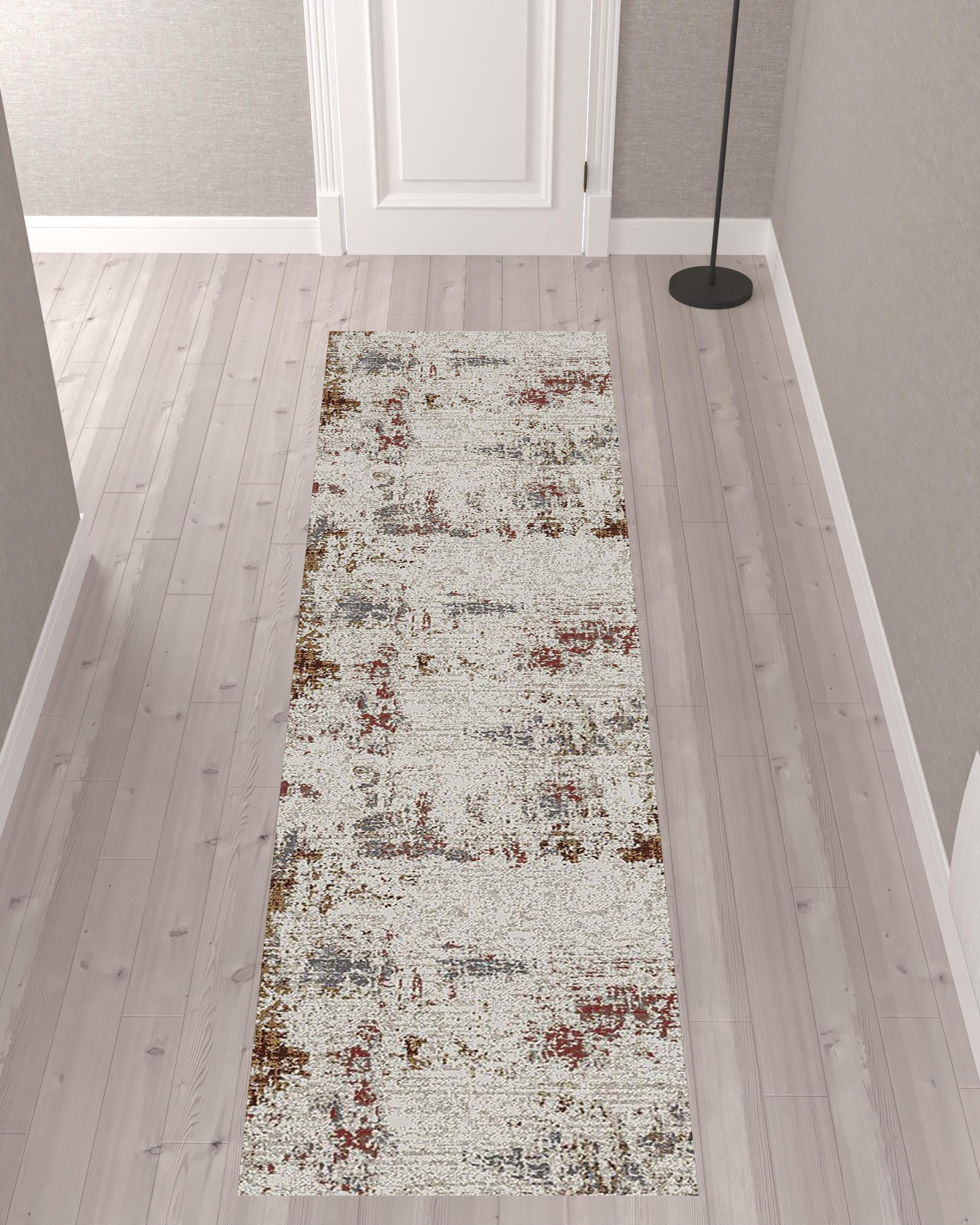 10' Red and Ivory Abstract Power Loom Runner Rug